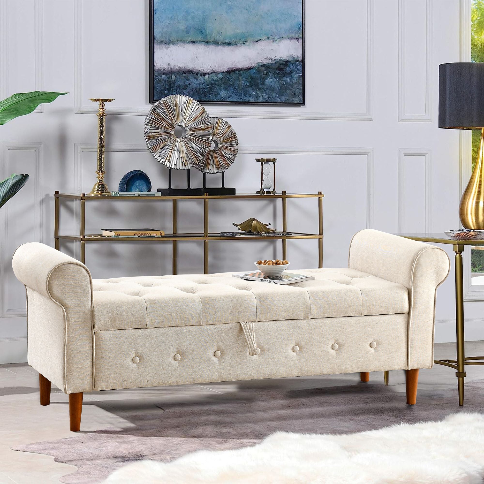 62" Bedroom Tufted Button Storage Bench, Modern Fabric Upholstered Ottoman, Window Bench, Rolled Arm Design for Bedroom, Living Room, Foyer (Beige) - Comfortable Living Decor