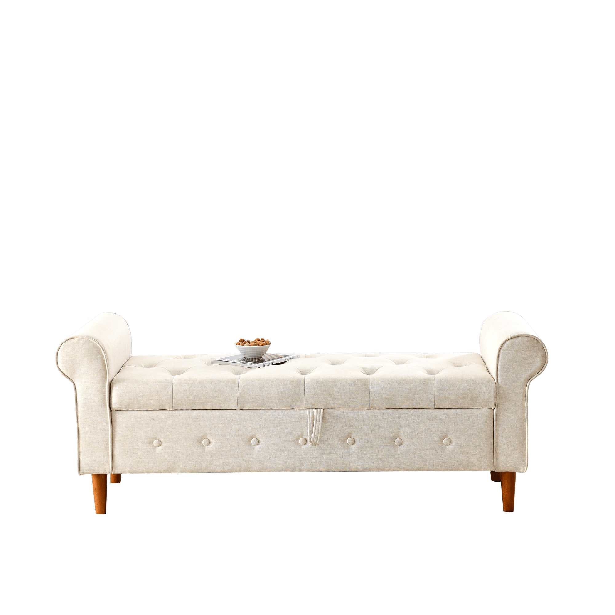 62" Bedroom Tufted Button Storage Bench, Modern Fabric Upholstered Ottoman, Window Bench, Rolled Arm Design for Bedroom, Living Room, Foyer (Beige) - Comfortable Living Decor