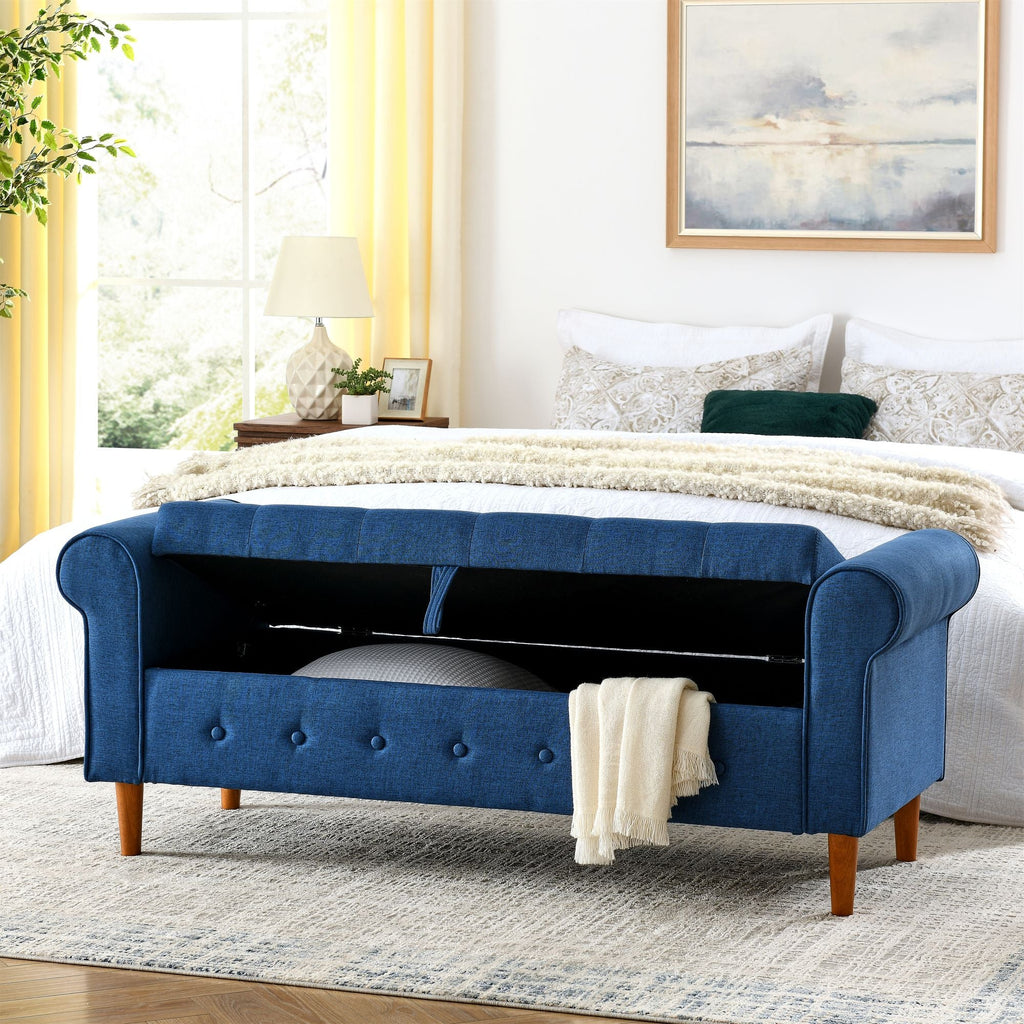 62" Bedroom Tufted Button Storage Bench, Modern Fabric Upholstered Ottoman, Window Bench, Rolled Arm Design for Bedroom, Living Room, Foyer (Blue) - Comfortable Living Decor