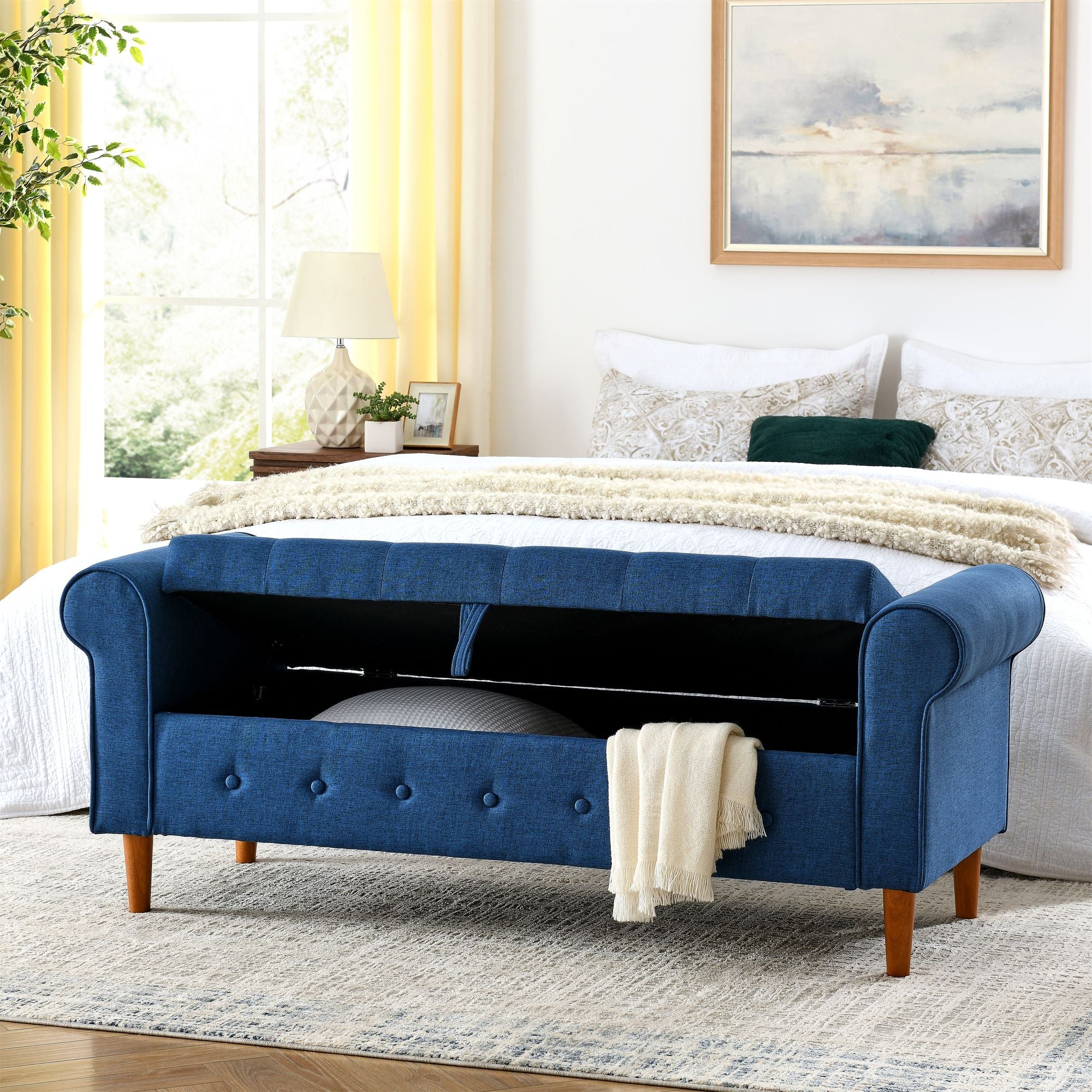 62" Bedroom Tufted Button Storage Bench, Modern Fabric Upholstered Ottoman, Window Bench, Rolled Arm Design for Bedroom, Living Room, Foyer (Blue) - Comfortable Living Decor