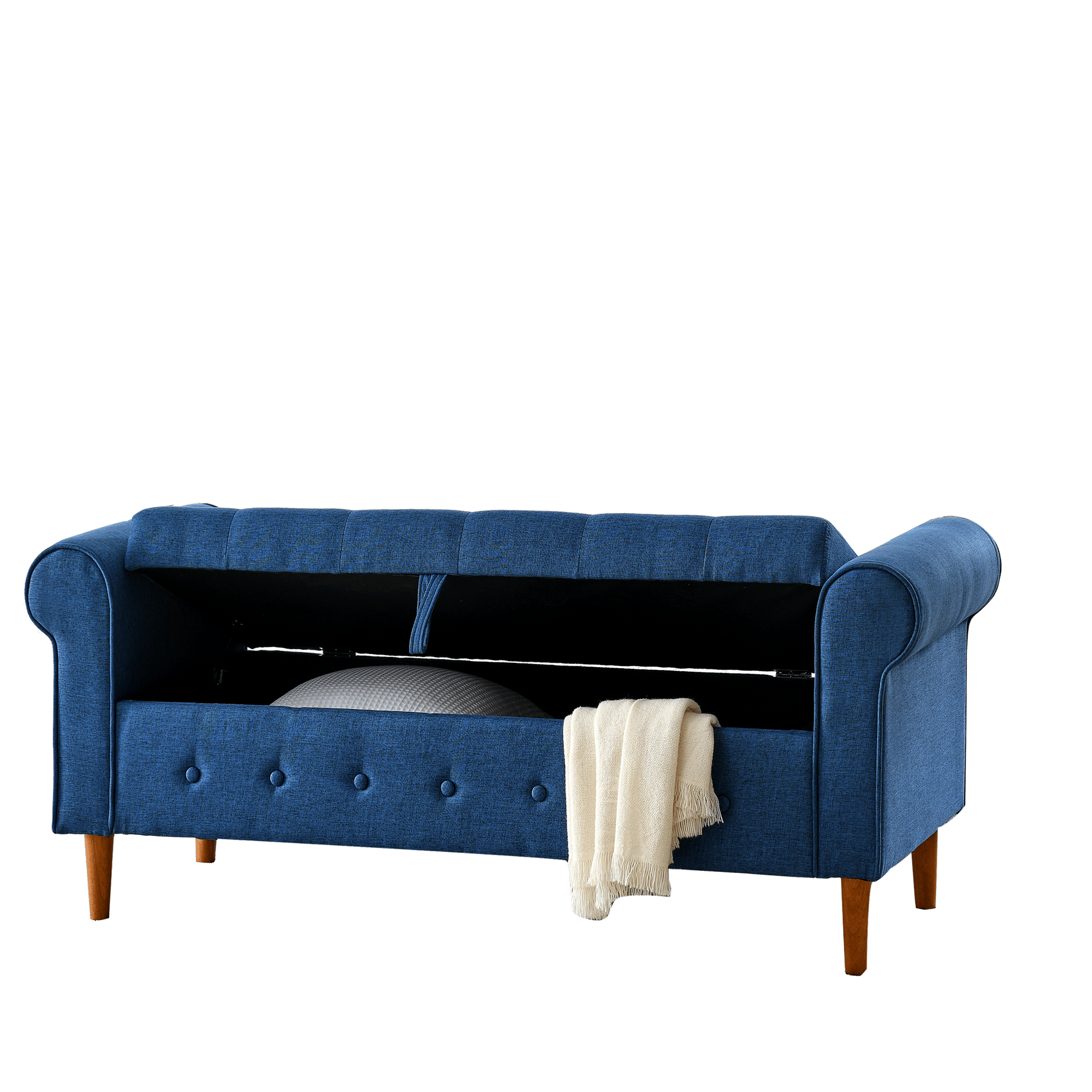 62" Bedroom Tufted Button Storage Bench, Modern Fabric Upholstered Ottoman, Window Bench, Rolled Arm Design for Bedroom, Living Room, Foyer (Blue) - Comfortable Living Decor