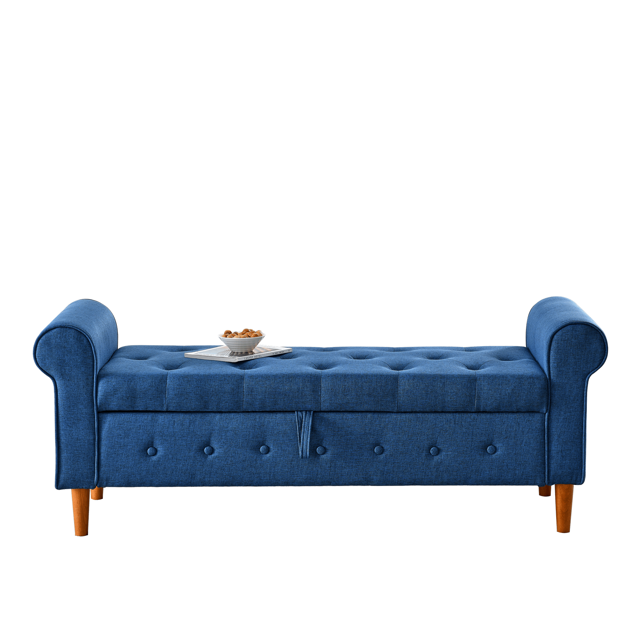 62" Bedroom Tufted Button Storage Bench, Modern Fabric Upholstered Ottoman, Window Bench, Rolled Arm Design for Bedroom, Living Room, Foyer (Blue) - Comfortable Living Decor