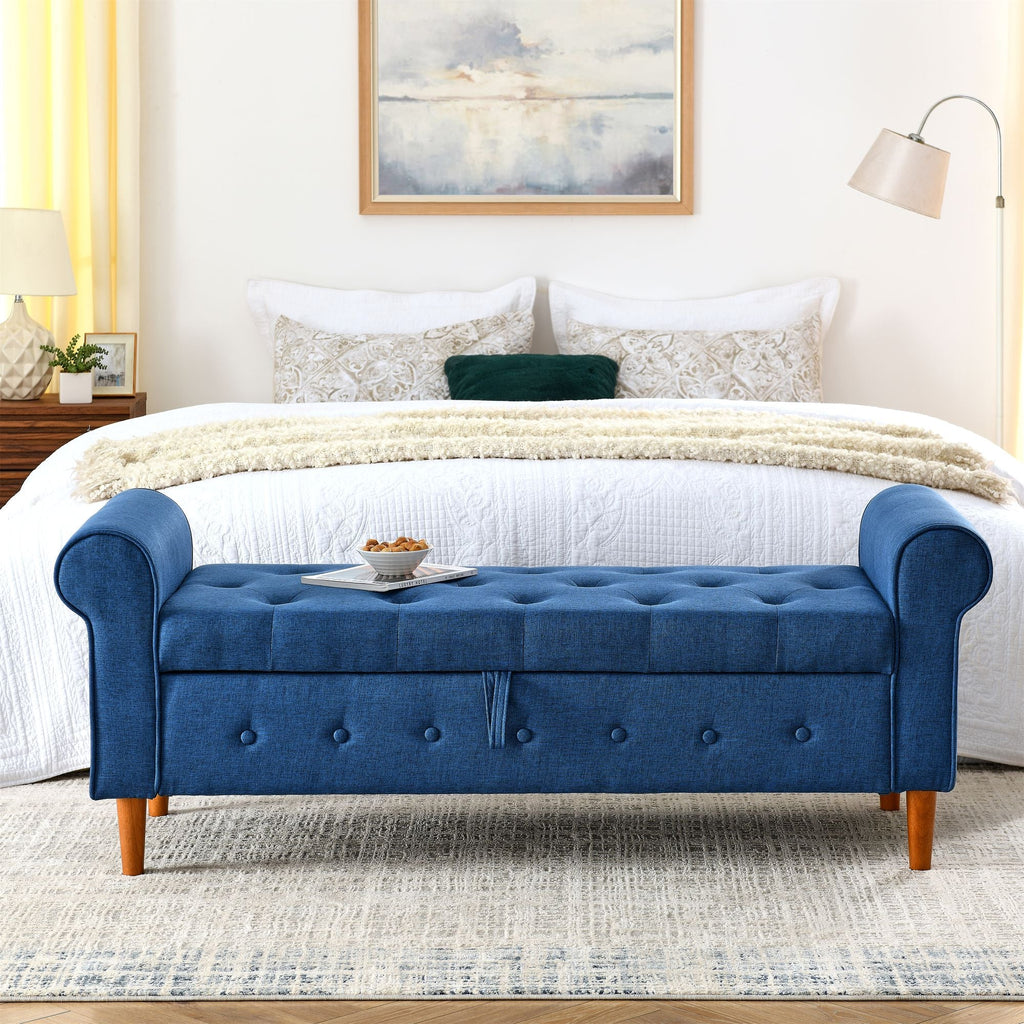 62" Bedroom Tufted Button Storage Bench, Modern Fabric Upholstered Ottoman, Window Bench, Rolled Arm Design for Bedroom, Living Room, Foyer (Blue) - Comfortable Living Decor