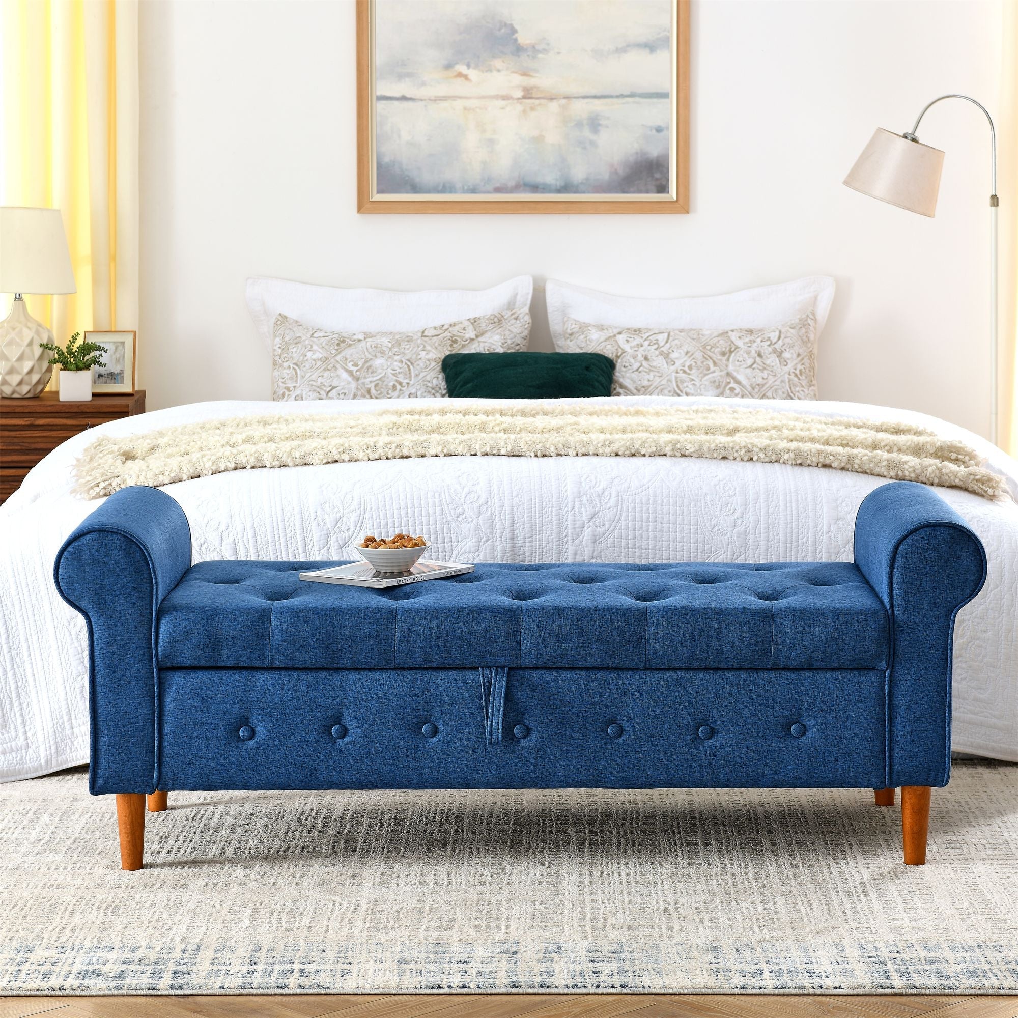 62" Bedroom Tufted Button Storage Bench, Modern Fabric Upholstered Ottoman, Window Bench, Rolled Arm Design for Bedroom, Living Room, Foyer (Blue) - Comfortable Living Decor