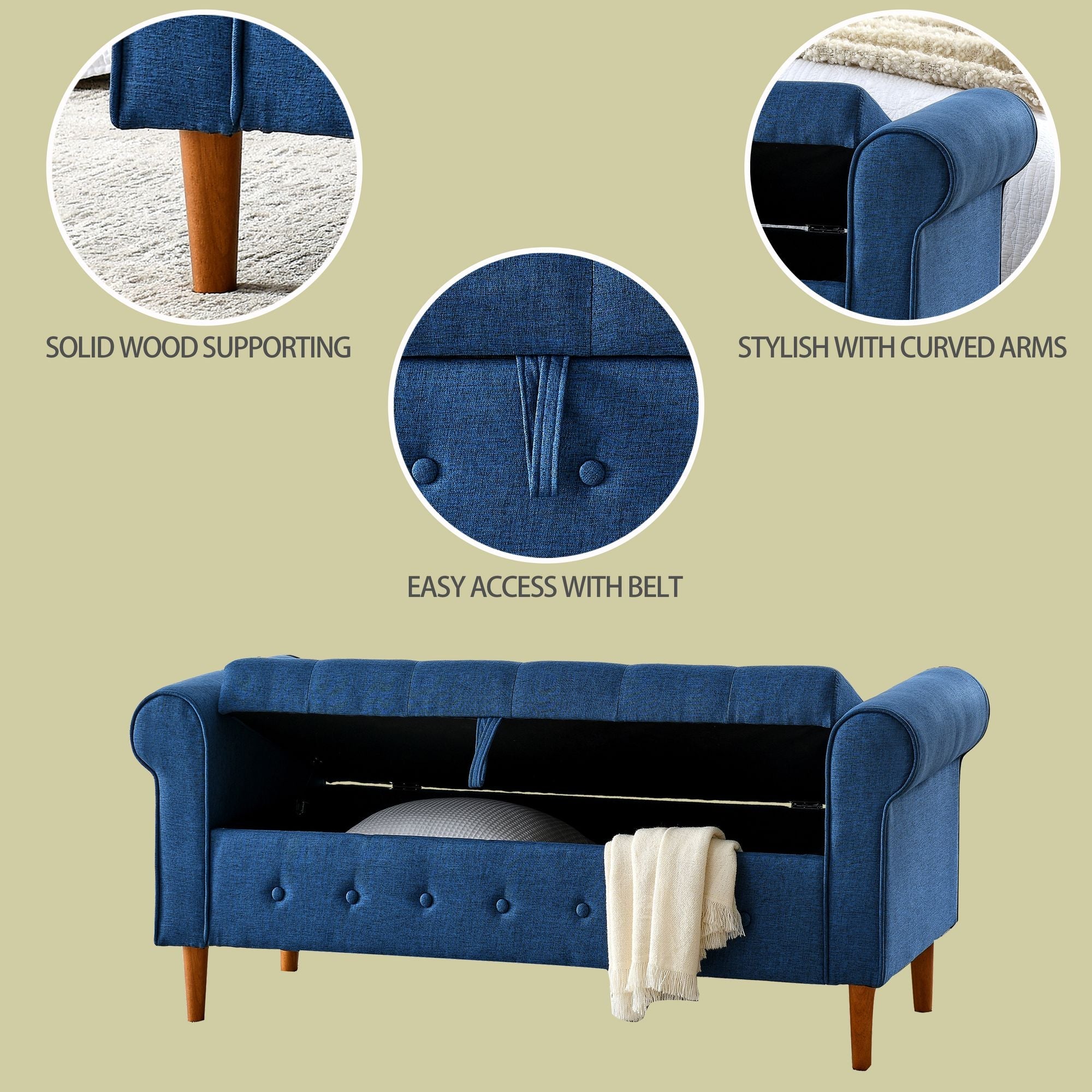 62" Bedroom Tufted Button Storage Bench, Modern Fabric Upholstered Ottoman, Window Bench, Rolled Arm Design for Bedroom, Living Room, Foyer (Blue) - Comfortable Living Decor