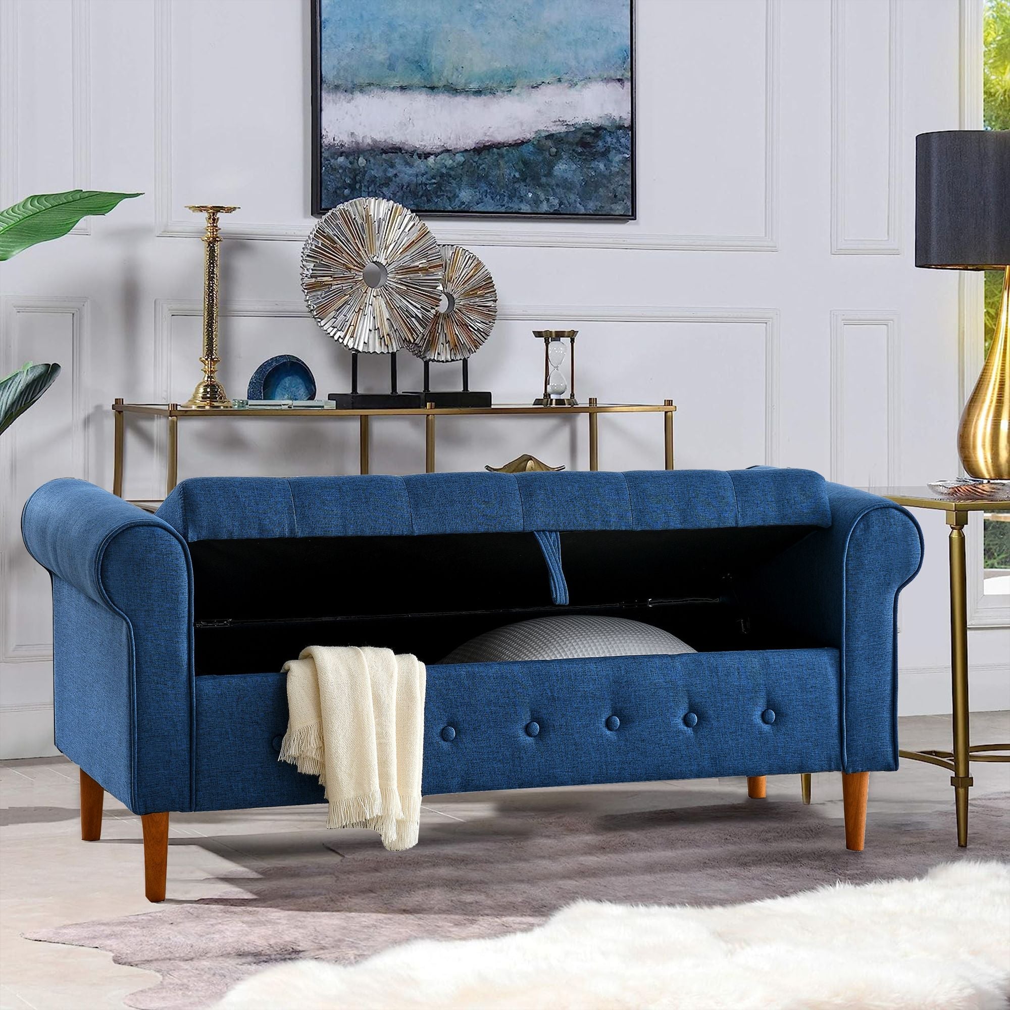62" Bedroom Tufted Button Storage Bench, Modern Fabric Upholstered Ottoman, Window Bench, Rolled Arm Design for Bedroom, Living Room, Foyer (Blue) - Comfortable Living Decor