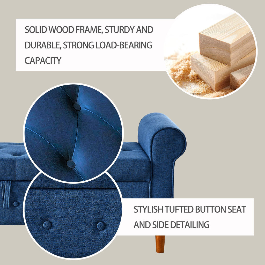 62" Bedroom Tufted Button Storage Bench, Modern Fabric Upholstered Ottoman, Window Bench, Rolled Arm Design for Bedroom, Living Room, Foyer (Blue) - Comfortable Living Decor