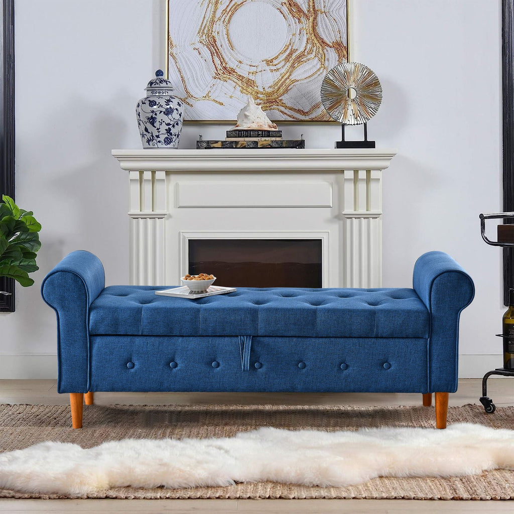 62" Bedroom Tufted Button Storage Bench, Modern Fabric Upholstered Ottoman, Window Bench, Rolled Arm Design for Bedroom, Living Room, Foyer (Blue) - Comfortable Living Decor