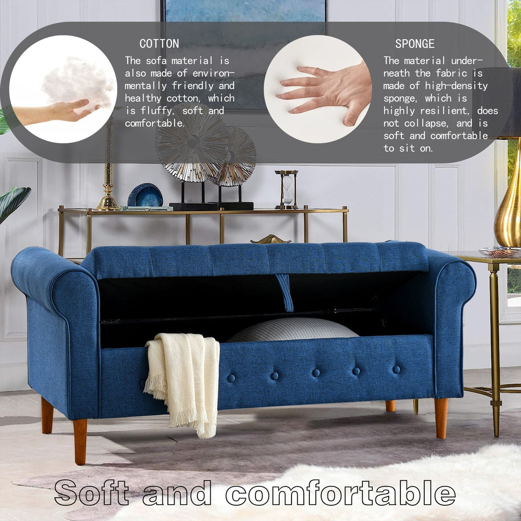 62" Bedroom Tufted Button Storage Bench, Modern Fabric Upholstered Ottoman, Window Bench, Rolled Arm Design for Bedroom, Living Room, Foyer (Blue) - Comfortable Living Decor