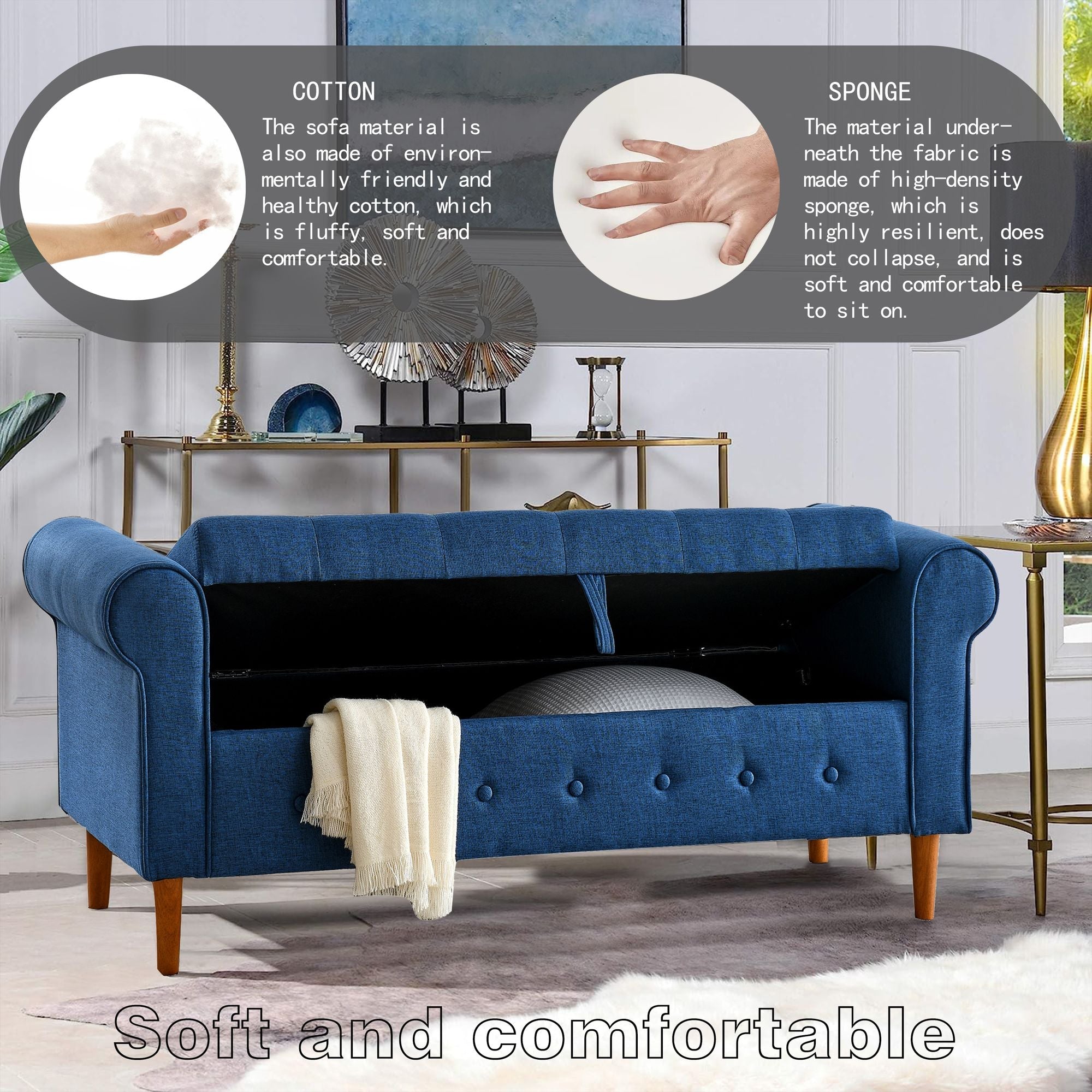 62" Bedroom Tufted Button Storage Bench, Modern Fabric Upholstered Ottoman, Window Bench, Rolled Arm Design for Bedroom, Living Room, Foyer (Blue) - Comfortable Living Decor