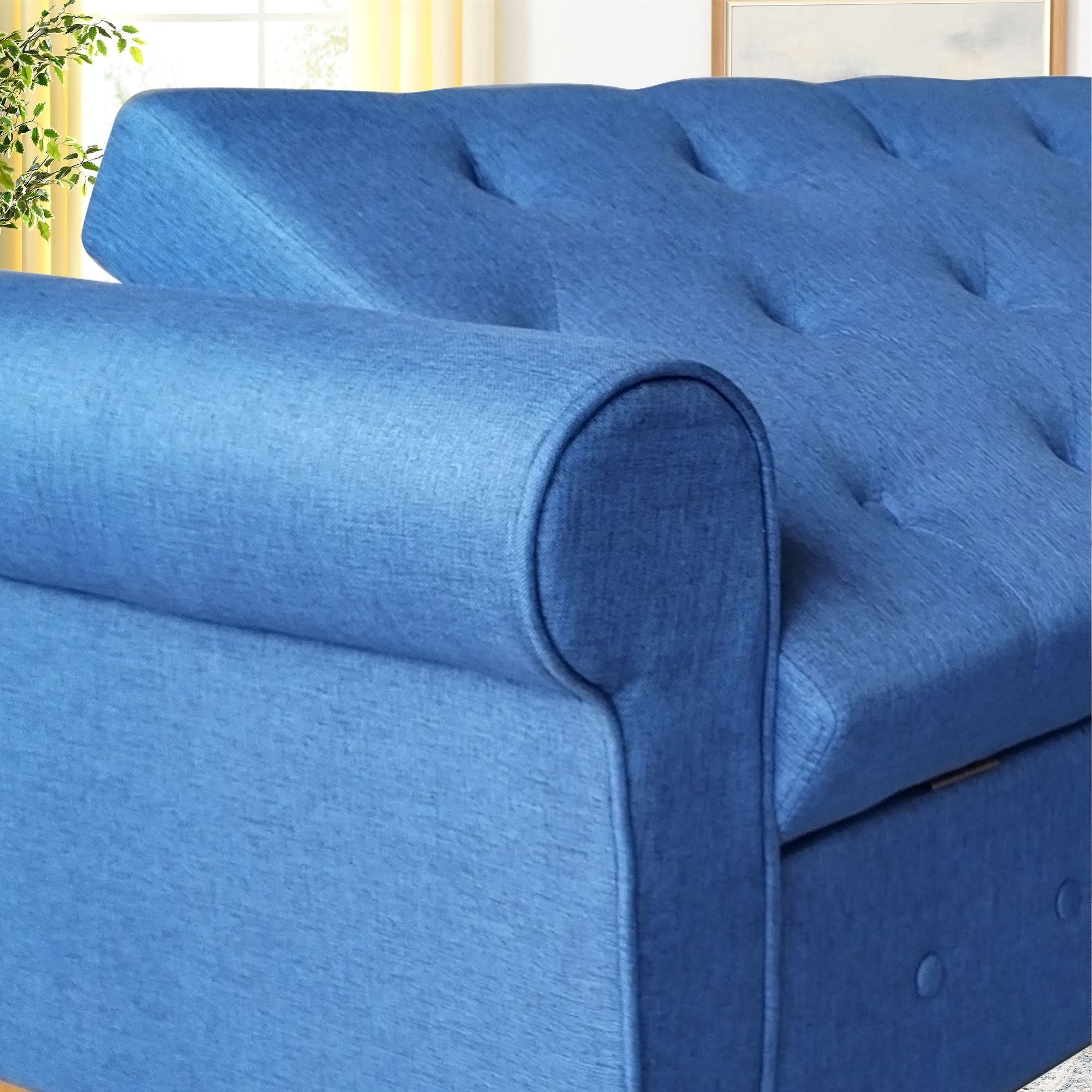 62" Bedroom Tufted Button Storage Bench, Modern Fabric Upholstered Ottoman, Window Bench, Rolled Arm Design for Bedroom, Living Room, Foyer (Blue) - Comfortable Living Decor
