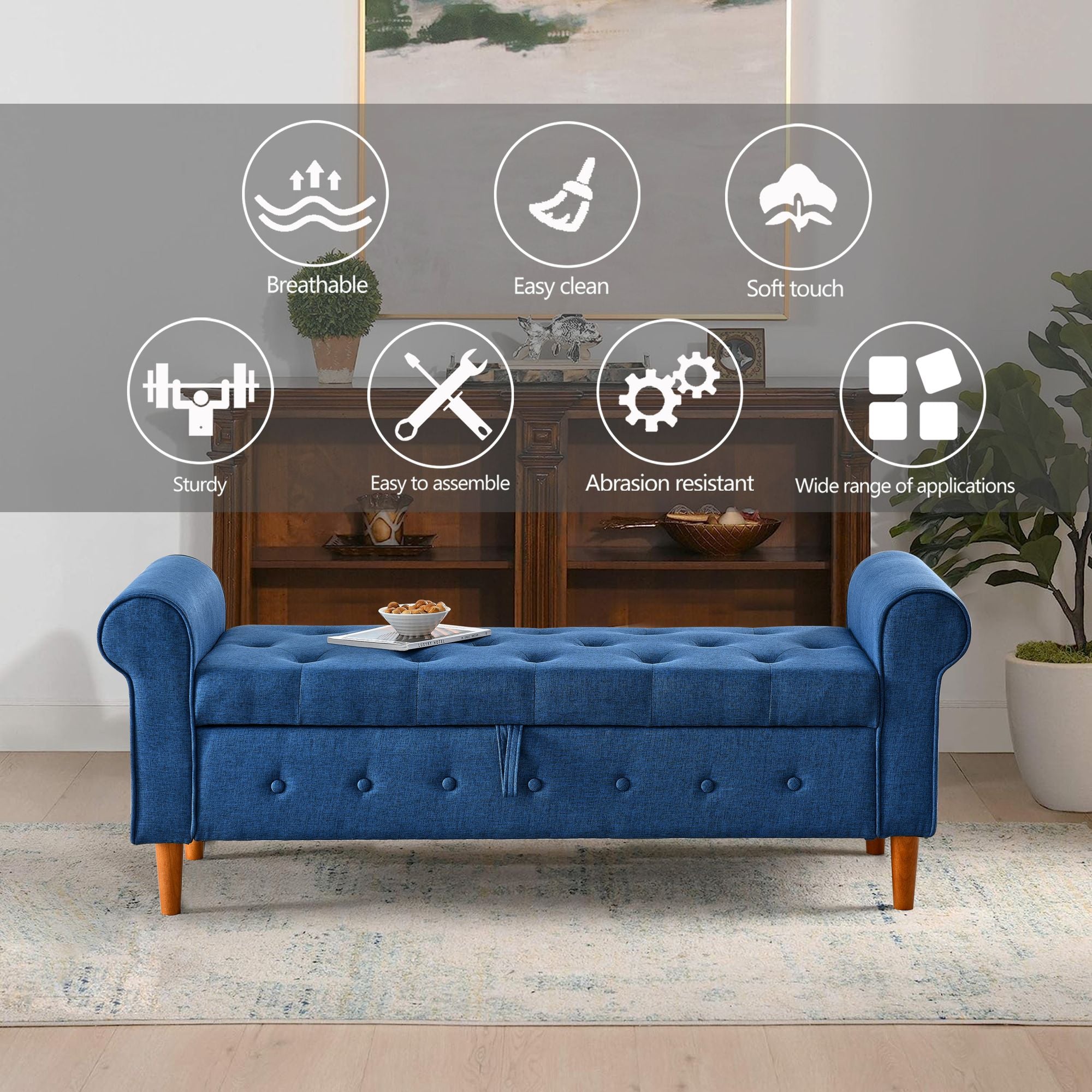 62" Bedroom Tufted Button Storage Bench, Modern Fabric Upholstered Ottoman, Window Bench, Rolled Arm Design for Bedroom, Living Room, Foyer (Blue) - Comfortable Living Decor