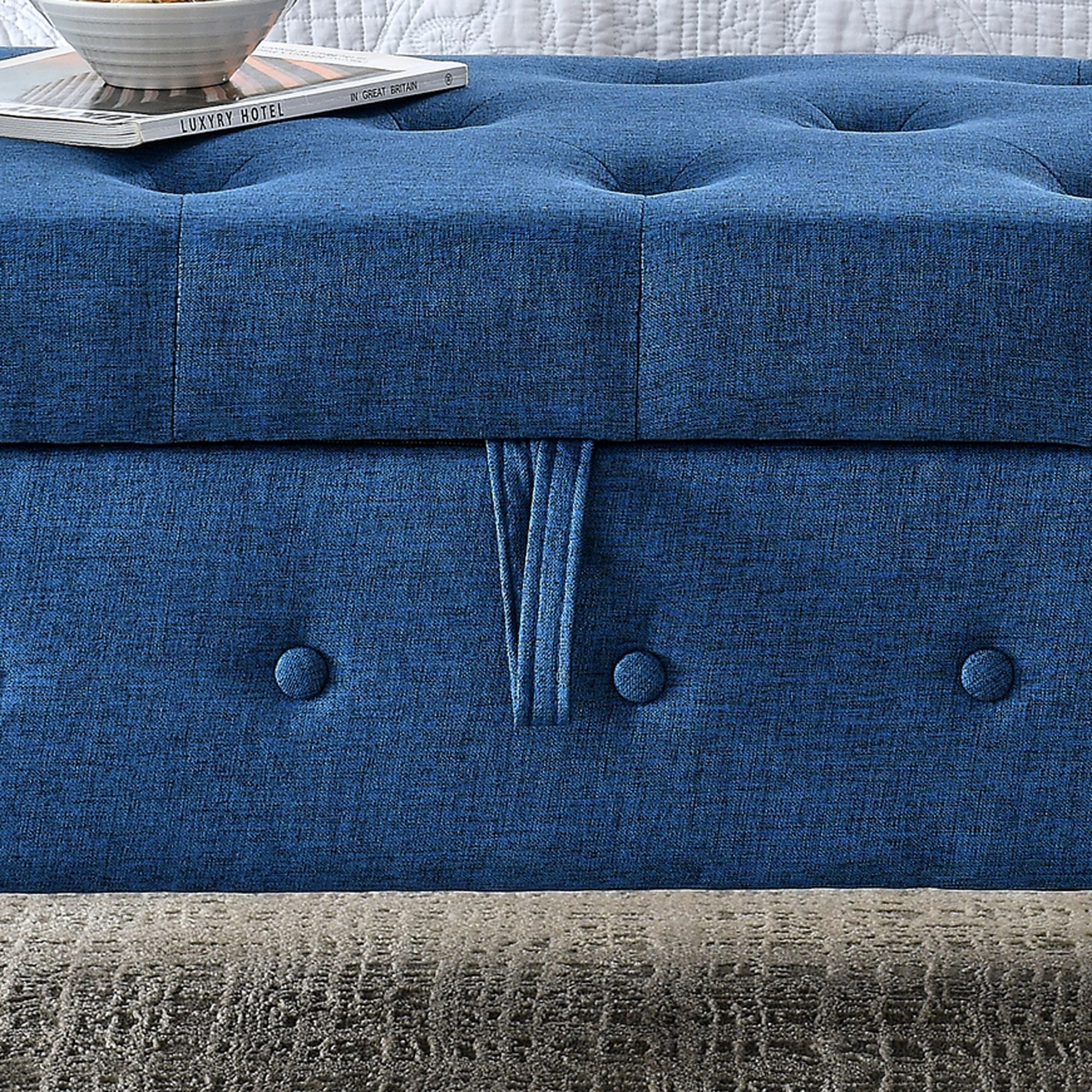 62" Bedroom Tufted Button Storage Bench, Modern Fabric Upholstered Ottoman, Window Bench, Rolled Arm Design for Bedroom, Living Room, Foyer (Blue) - Comfortable Living Decor