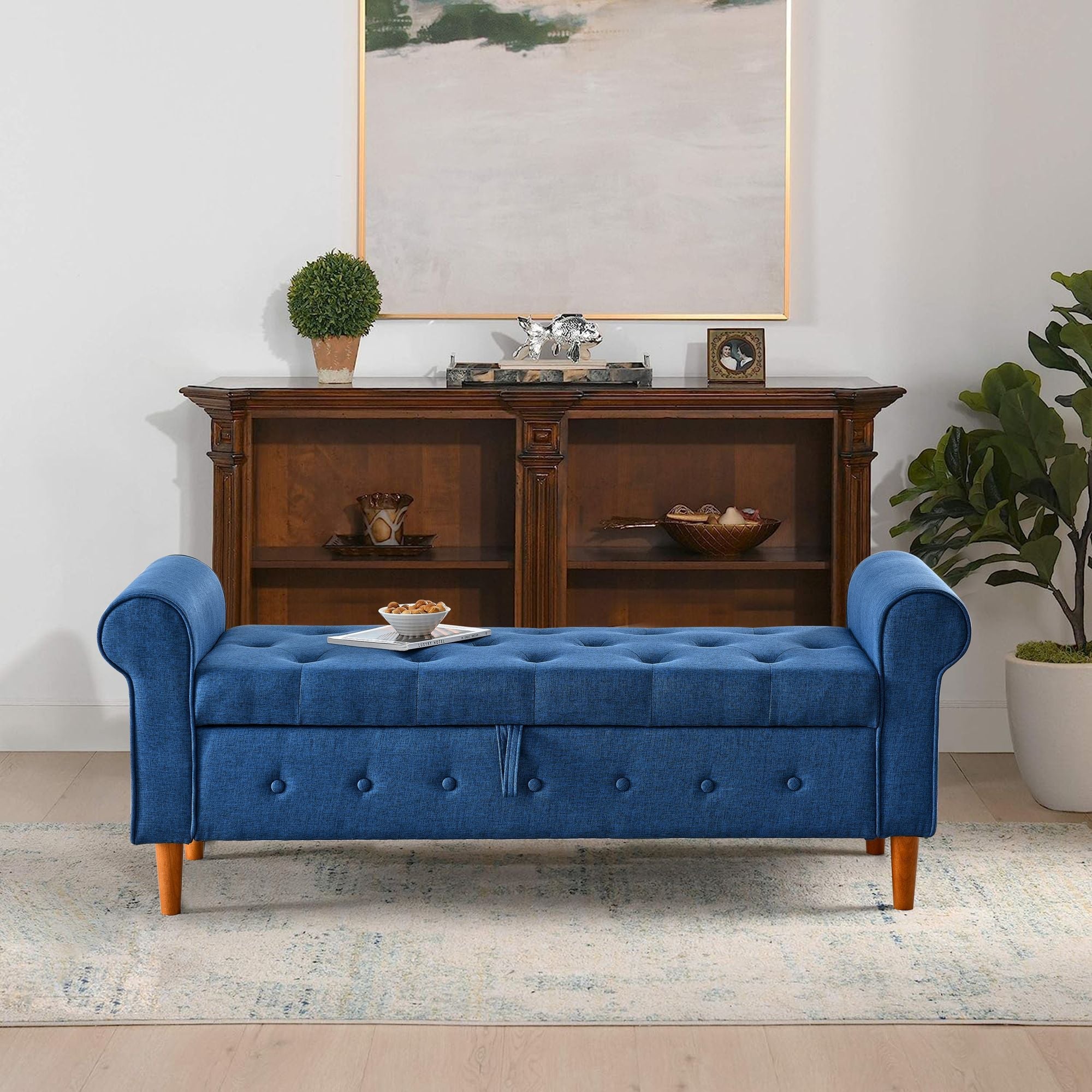 62" Bedroom Tufted Button Storage Bench, Modern Fabric Upholstered Ottoman, Window Bench, Rolled Arm Design for Bedroom, Living Room, Foyer (Blue) - Comfortable Living Decor