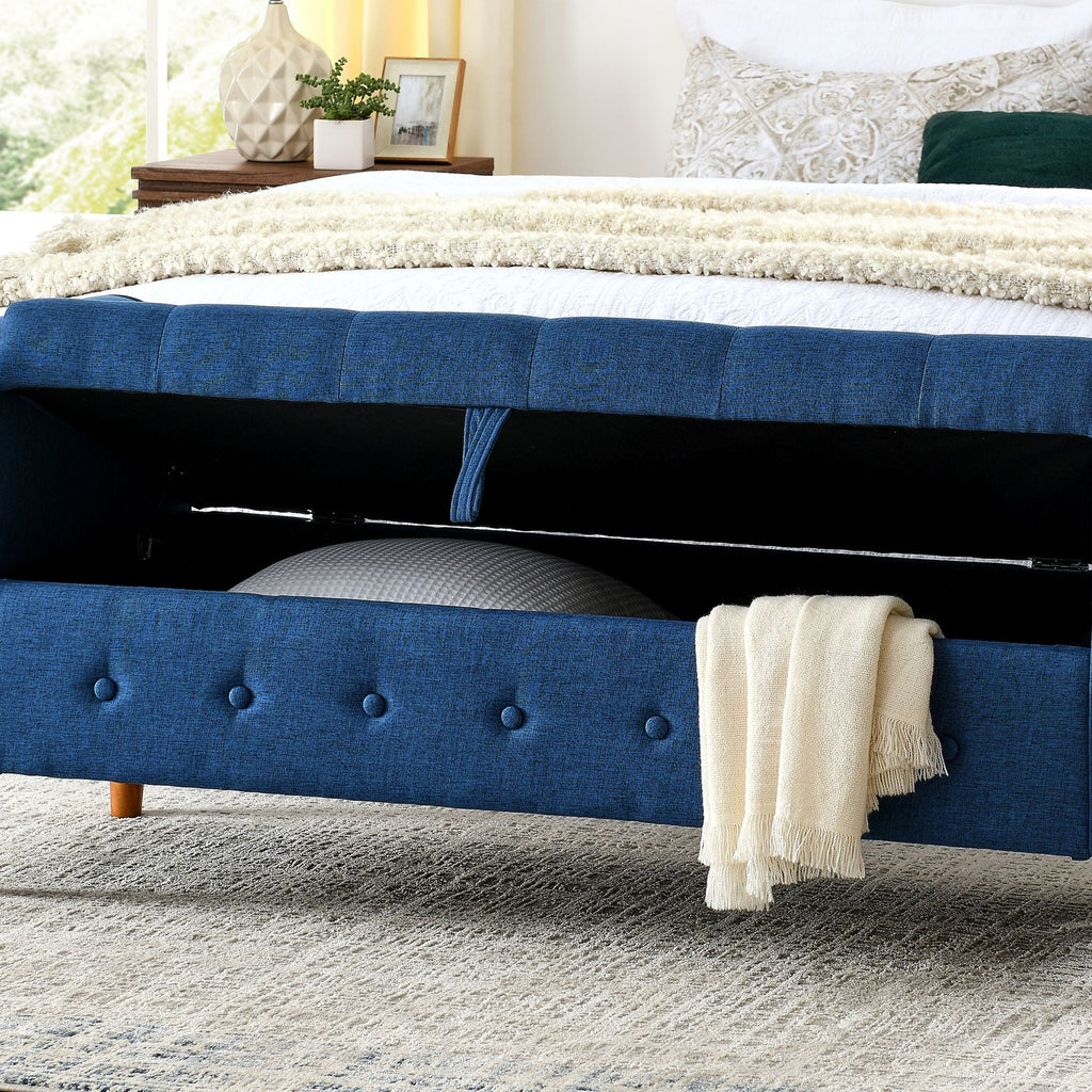 62" Bedroom Tufted Button Storage Bench, Modern Fabric Upholstered Ottoman, Window Bench, Rolled Arm Design for Bedroom, Living Room, Foyer (Blue) - Comfortable Living Decor
