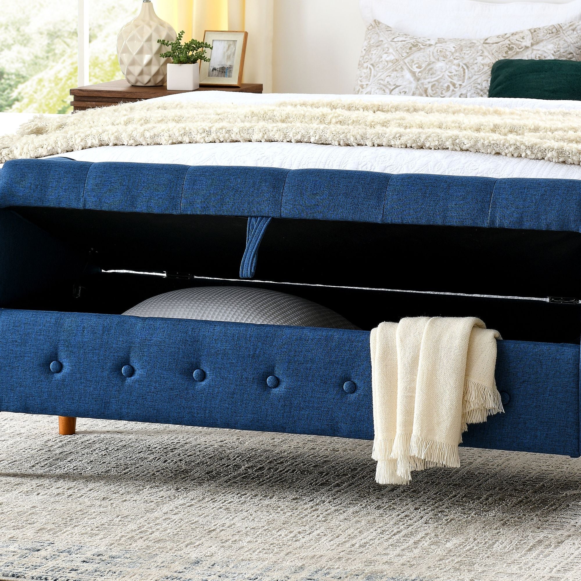 62" Bedroom Tufted Button Storage Bench, Modern Fabric Upholstered Ottoman, Window Bench, Rolled Arm Design for Bedroom, Living Room, Foyer (Blue) - Comfortable Living Decor