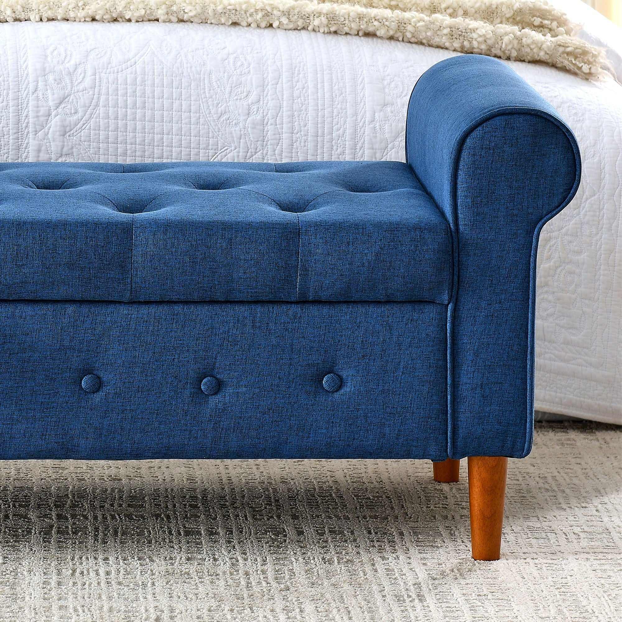 62" Bedroom Tufted Button Storage Bench, Modern Fabric Upholstered Ottoman, Window Bench, Rolled Arm Design for Bedroom, Living Room, Foyer (Blue) - Comfortable Living Decor