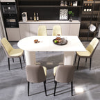 63 "medieval modern cream style MDF dining table and PU dining chair set 4. Assemble Desktop and black metal leg dining chair set, suitable for home&kitchen - Comfortable Living Decor