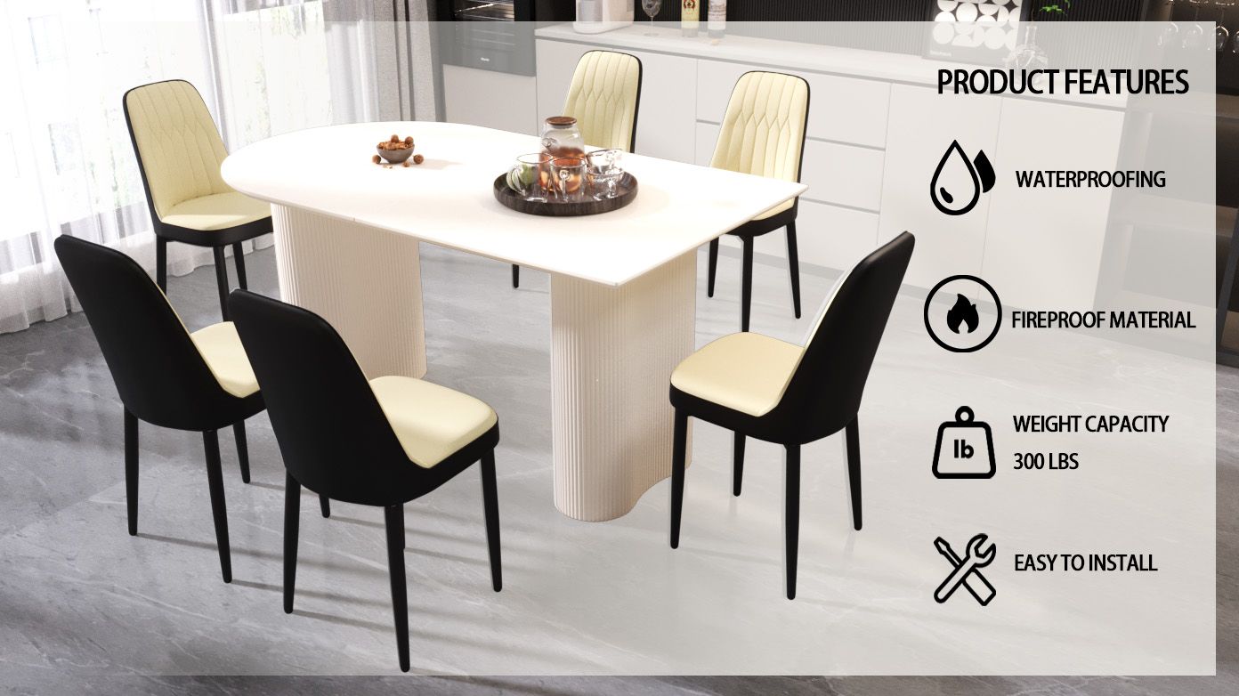 63 "medieval modern cream style MDF dining table and PU dining chair set 4. Assemble Desktop and black metal leg dining chair set, suitable for home&kitchen - Comfortable Living Decor