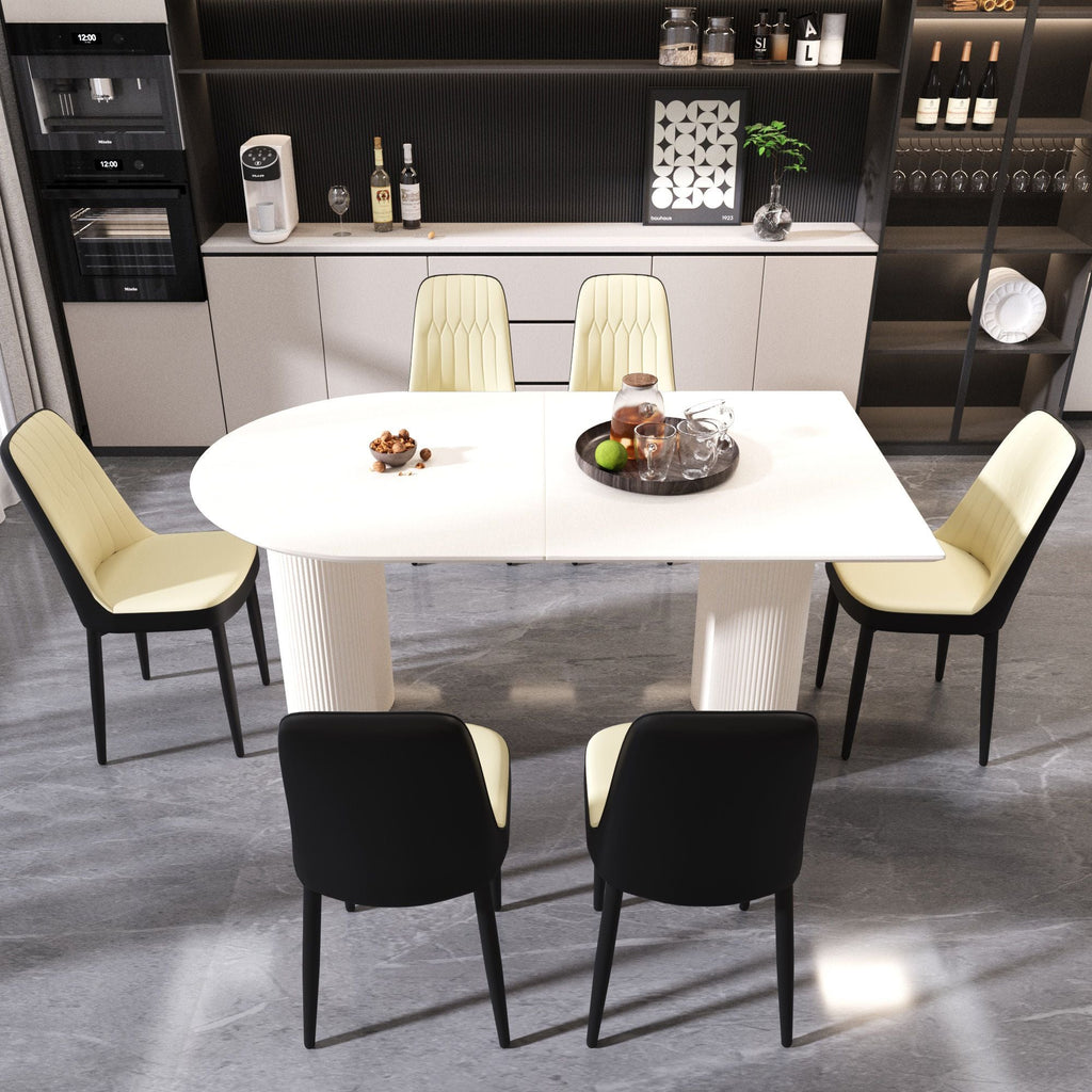 63 "medieval modern cream style MDF dining table and PU dining chair set 4. Assemble Desktop and black metal leg dining chair set, suitable for home&kitchen - Comfortable Living Decor