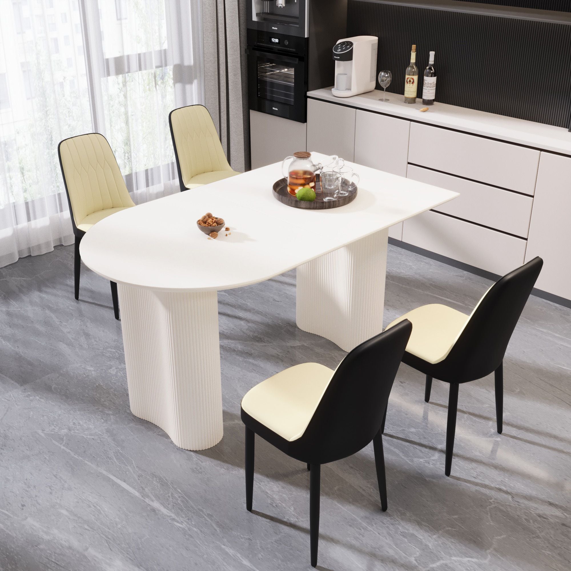 63 "medieval modern cream style MDF dining table and PU dining chair set 4. Assemble Desktop and black metal leg dining chair set, suitable for home&kitchen - Comfortable Living Decor