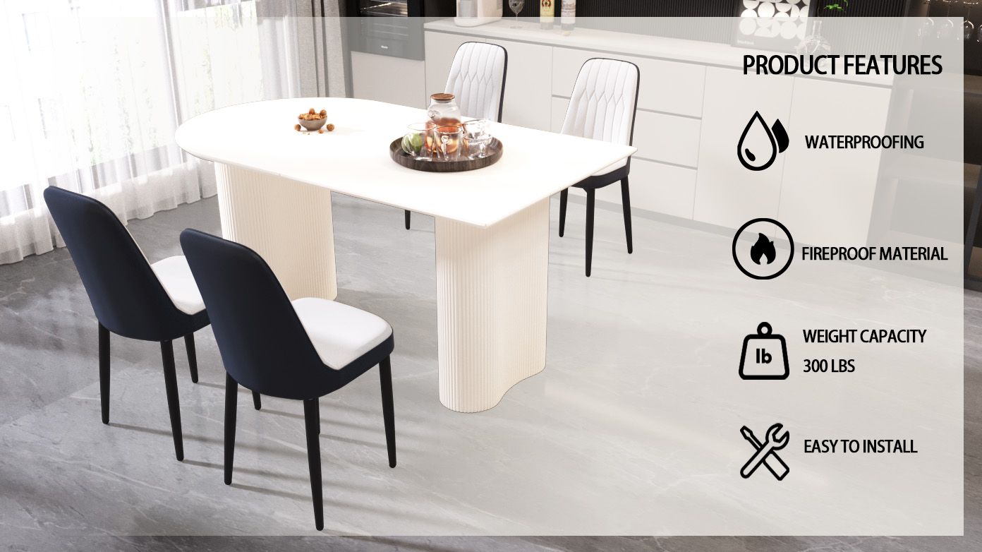 63 "medieval modern cream style MDF dining table and PU dining chair set 4. Assemble Desktop and black metal leg dining chair set, suitable for home&kitchen - Comfortable Living Decor
