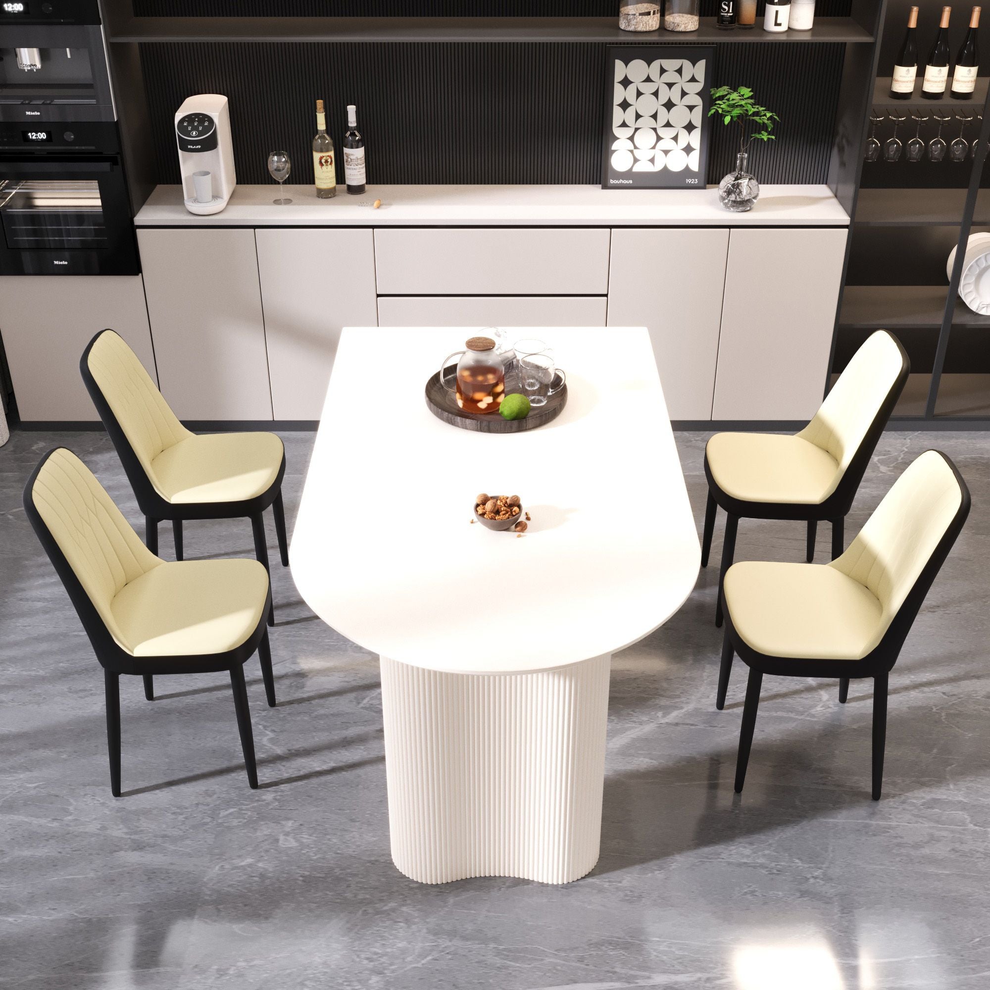 63 "medieval modern cream style MDF dining table and PU dining chair set 4. Assemble Desktop and black metal leg dining chair set, suitable for home&kitchen - Comfortable Living Decor