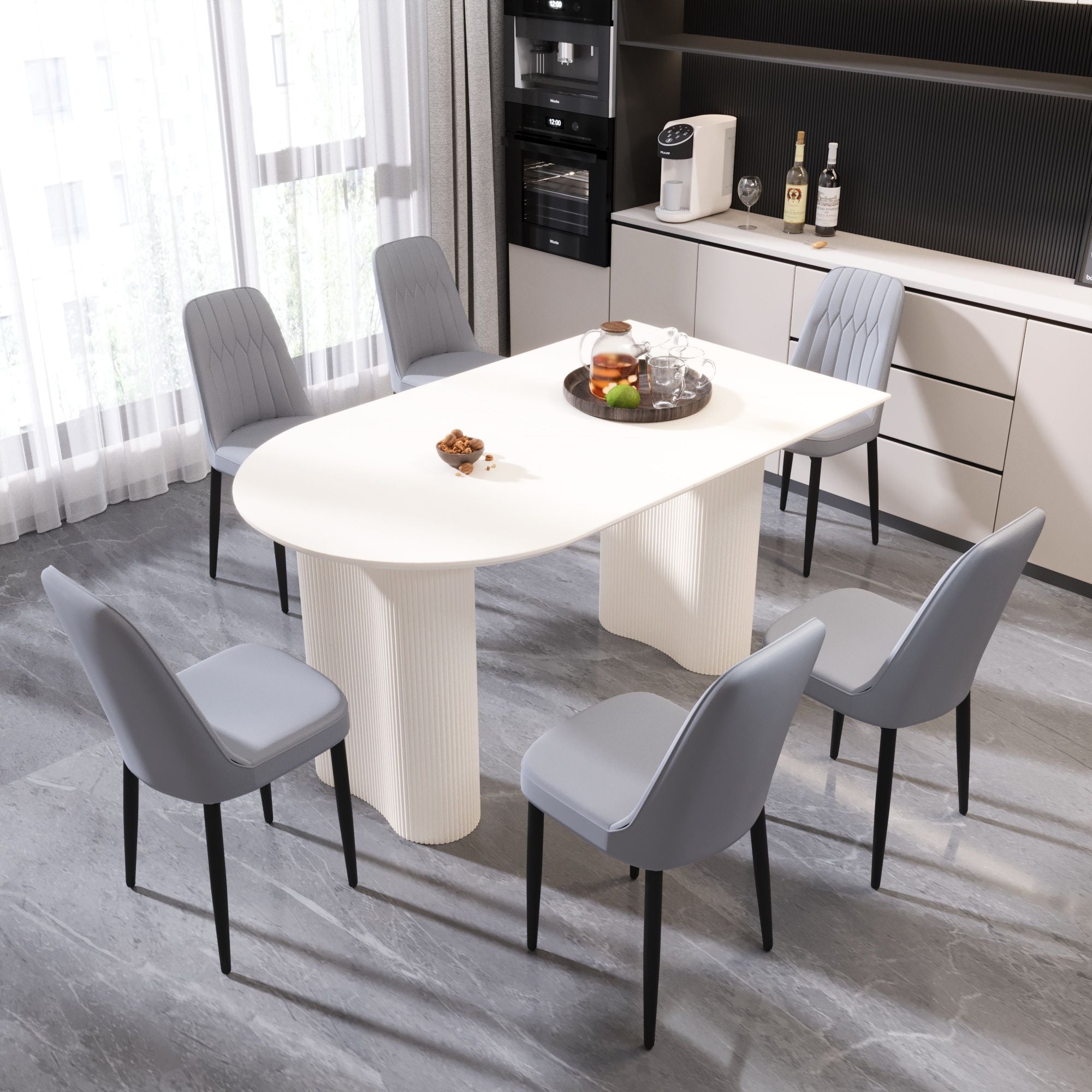 63 "medieval modern cream style MDF dining table and PU dining chair set 4. Assemble Desktop and black metal leg dining chair set, suitable for home&kitchen - Comfortable Living Decor