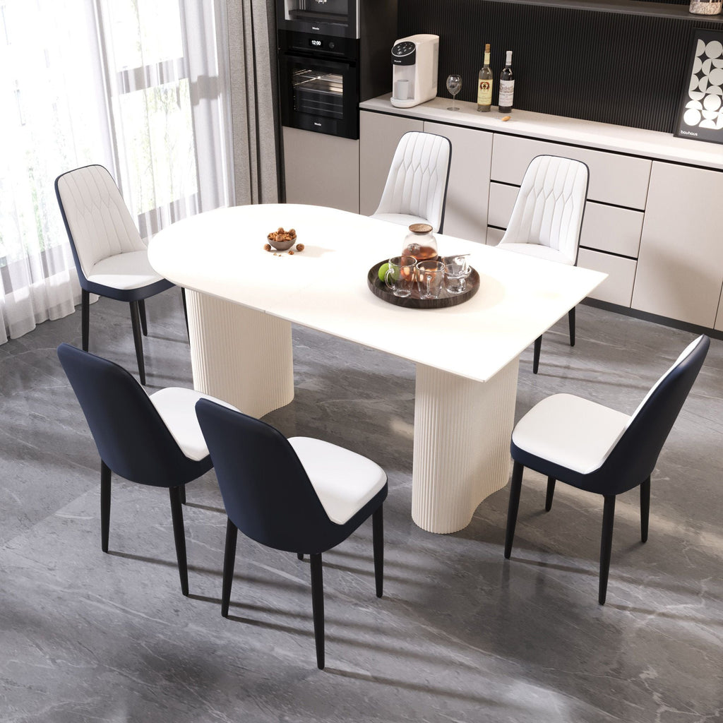 63 "medieval modern cream style MDF dining table and PU dining chair set 4. Assemble Desktop and black metal leg dining chair set, suitable for home&kitchen - Comfortable Living Decor