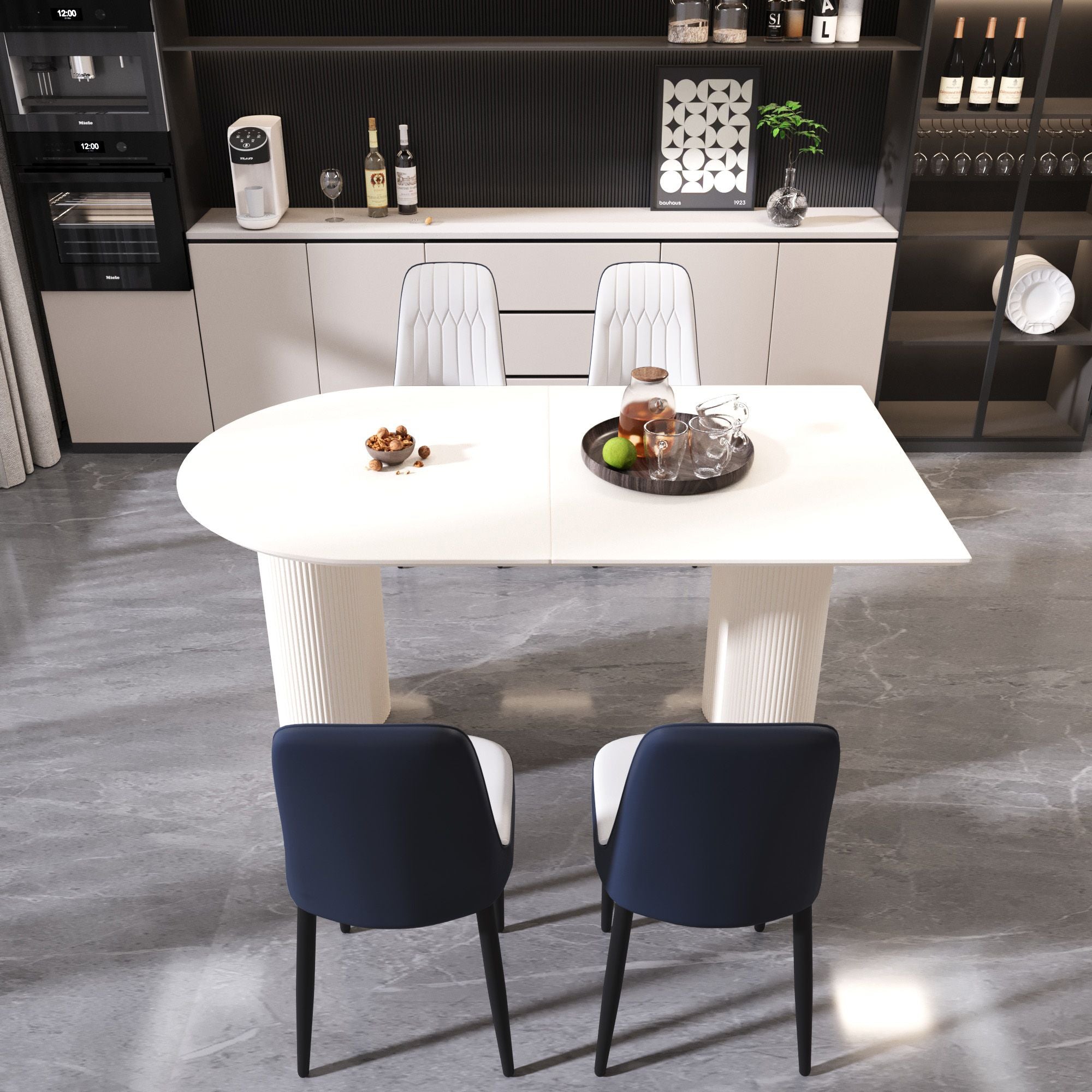 63 "medieval modern cream style MDF dining table and PU dining chair set 4. Assemble Desktop and black metal leg dining chair set, suitable for home&kitchen - Comfortable Living Decor