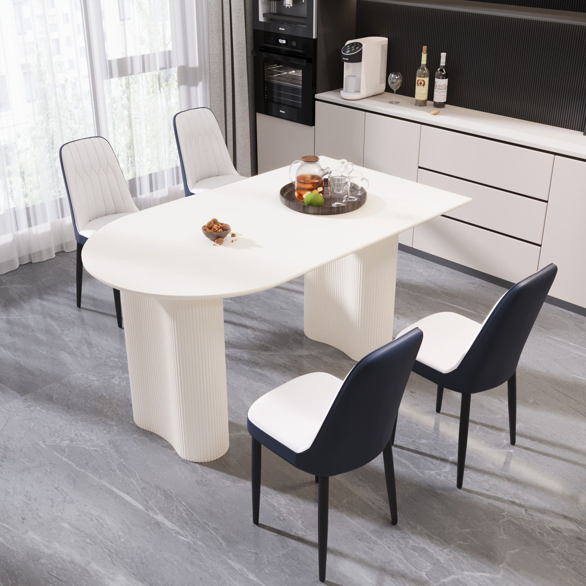 63 "medieval modern cream style MDF dining table and PU dining chair set 4. Assemble Desktop and black metal leg dining chair set, suitable for home&kitchen - Comfortable Living Decor