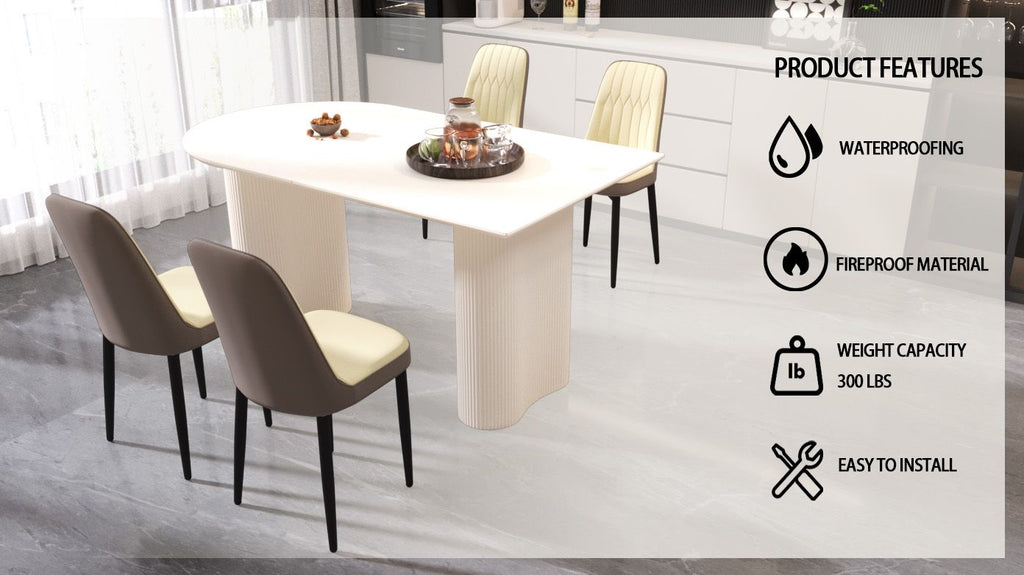 63 "medieval modern cream style MDF dining table and PU dining chair set 4. Assemble Desktop and black metal leg dining chair set, suitable for home&kitchen - Comfortable Living Decor