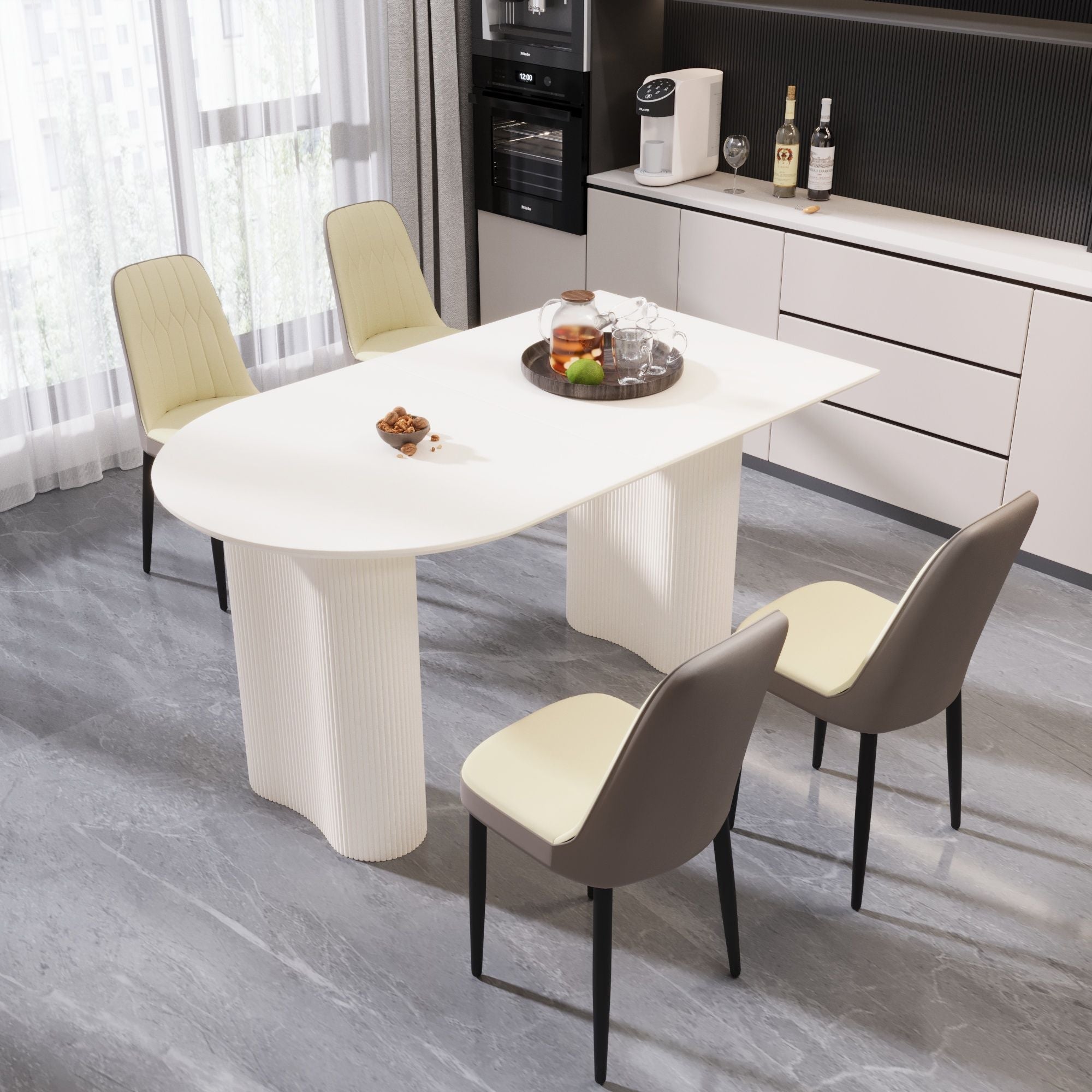 63 "medieval modern cream style MDF dining table and PU dining chair set 4. Assemble Desktop and black metal leg dining chair set, suitable for home&kitchen - Comfortable Living Decor