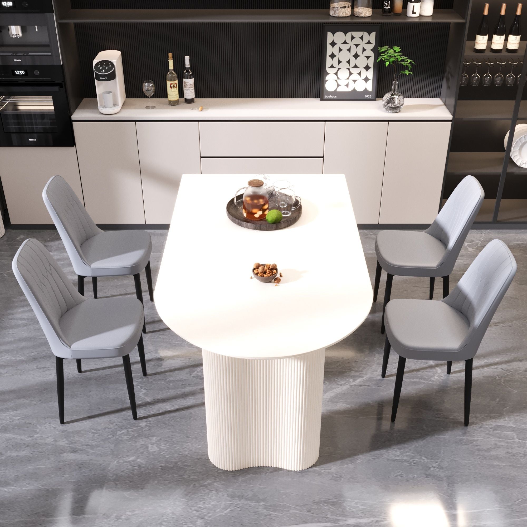 63 "medieval modern cream style MDF dining table and PU dining chair set 4. Assemble Desktop and black metal leg dining chair set, suitable for home&kitchen - Comfortable Living Decor