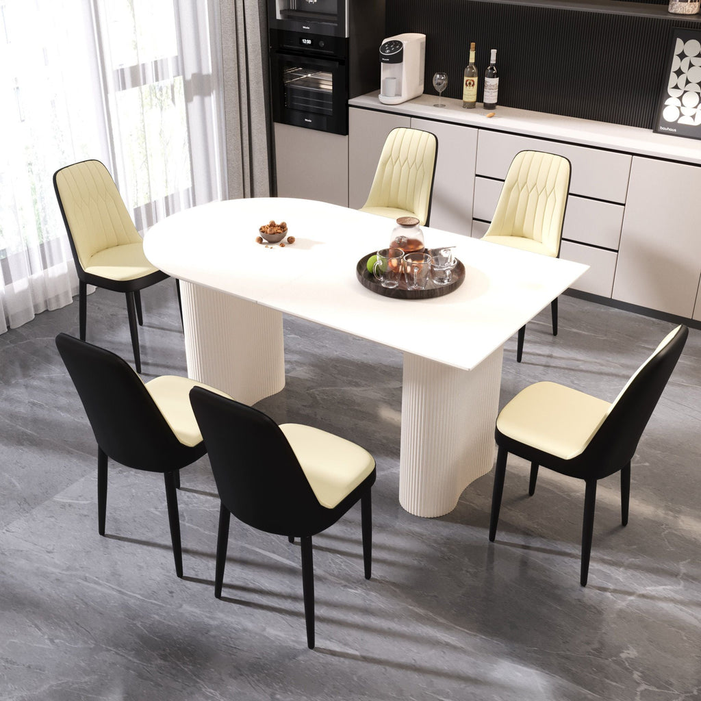 63 "medieval modern cream style MDF dining table and PU dining chair set 4. Assemble Desktop and black metal leg dining chair set, suitable for home&kitchen - Comfortable Living Decor