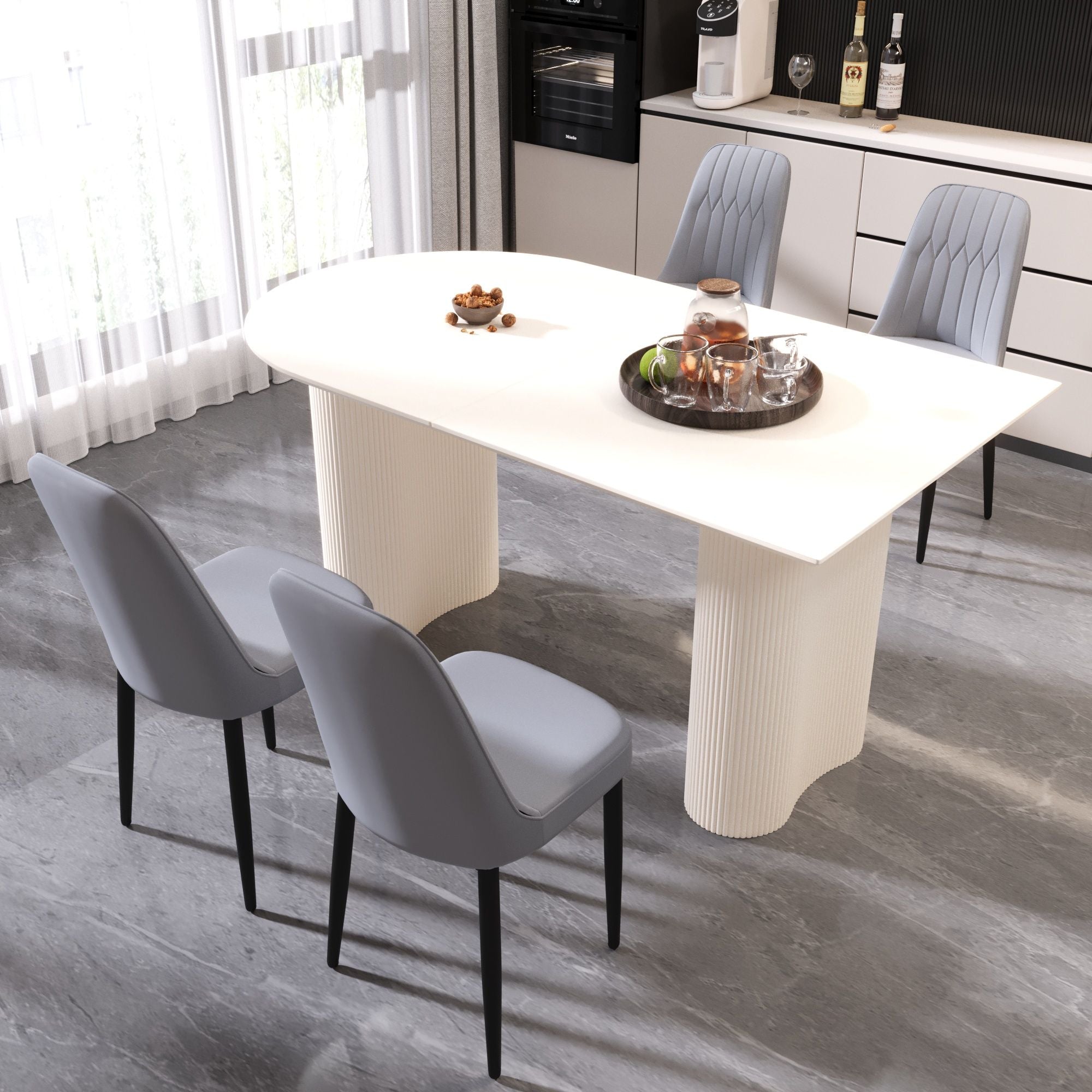 63 "medieval modern cream style MDF dining table and PU dining chair set 4. Assemble Desktop and black metal leg dining chair set, suitable for home&kitchen - Comfortable Living Decor