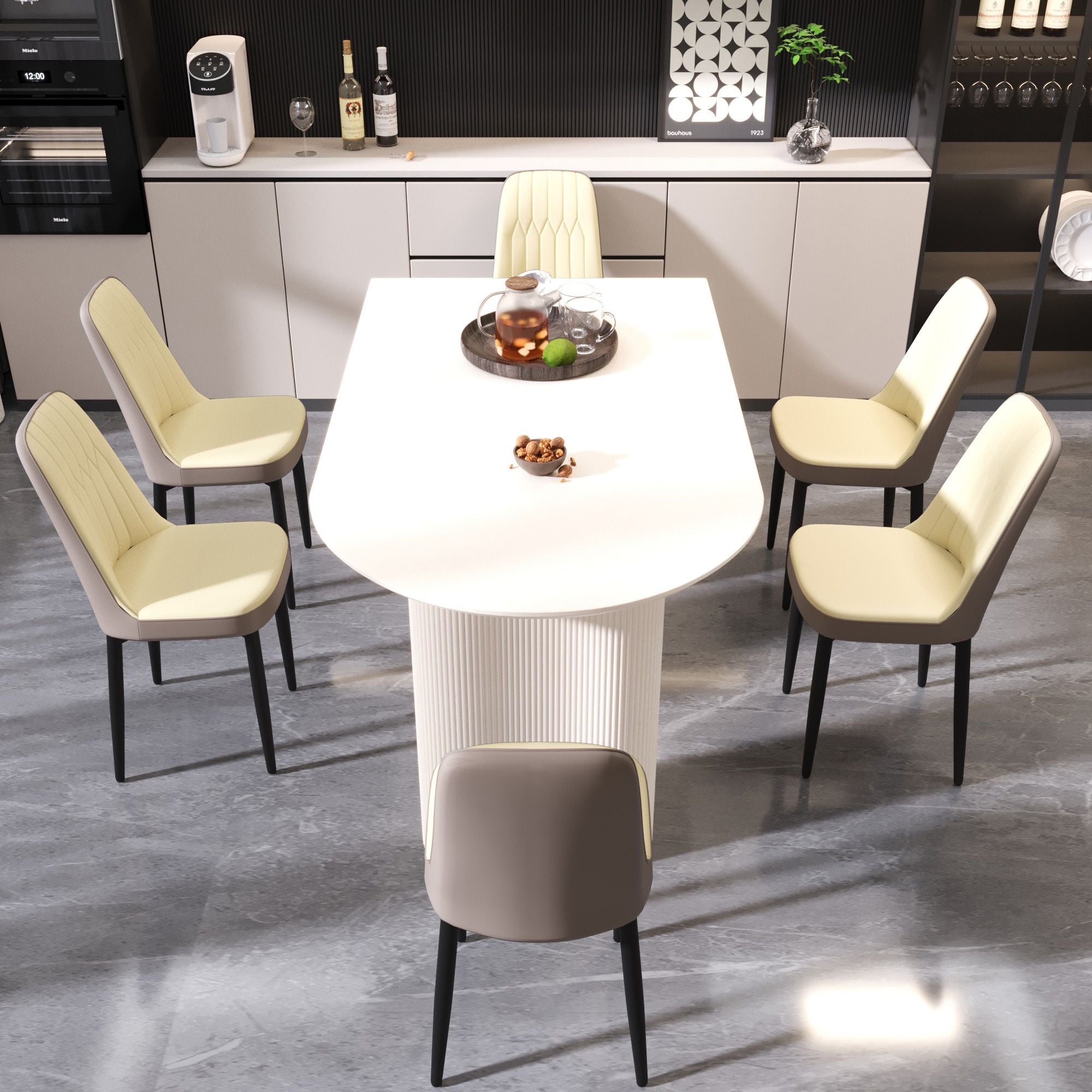 63 "medieval modern cream style MDF dining table and PU dining chair set 4. Assemble Desktop and black metal leg dining chair set, suitable for home&kitchen - Comfortable Living Decor