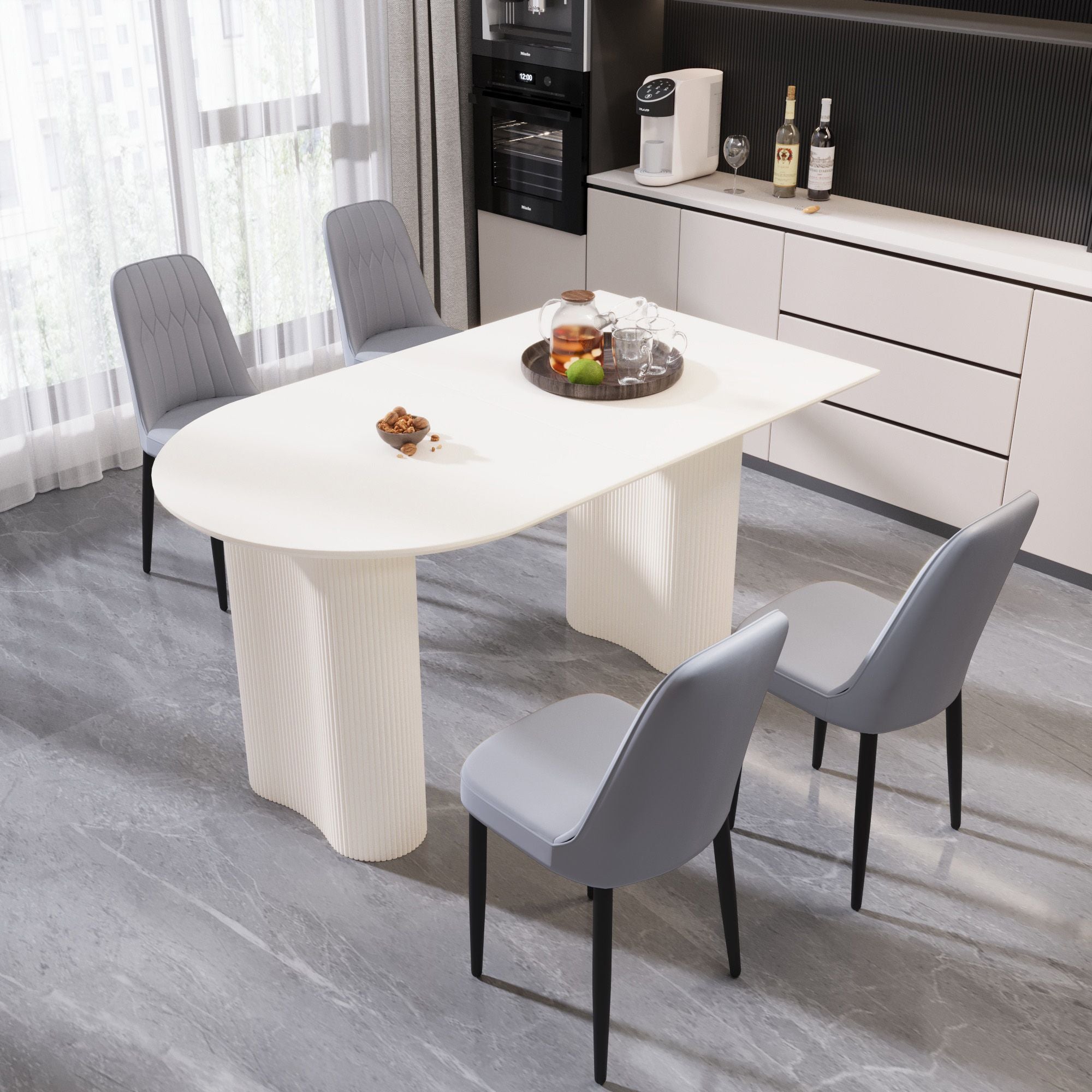 63 "medieval modern cream style MDF dining table and PU dining chair set 4. Assemble Desktop and black metal leg dining chair set, suitable for home&kitchen - Comfortable Living Decor