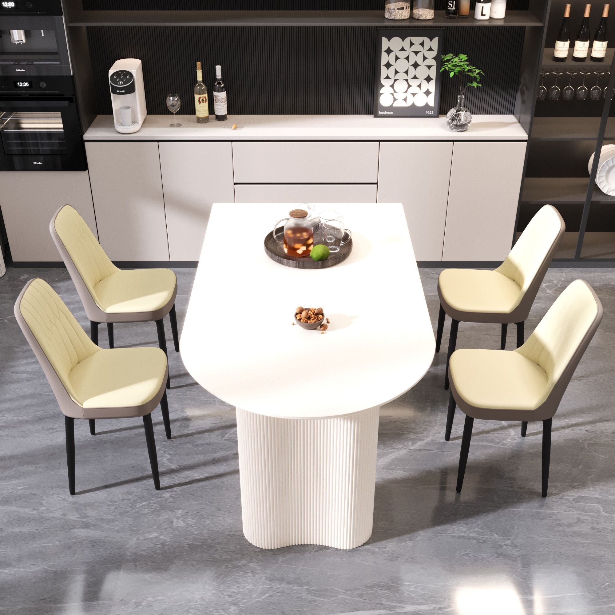 63 "medieval modern cream style MDF dining table and PU dining chair set 4. Assemble Desktop and black metal leg dining chair set, suitable for home&kitchen - Comfortable Living Decor