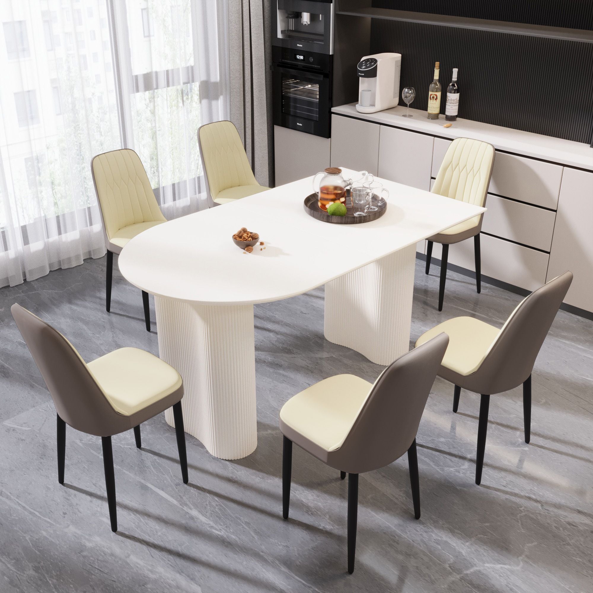 63 "medieval modern cream style MDF dining table and PU dining chair set 4. Assemble Desktop and black metal leg dining chair set, suitable for home&kitchen - Comfortable Living Decor