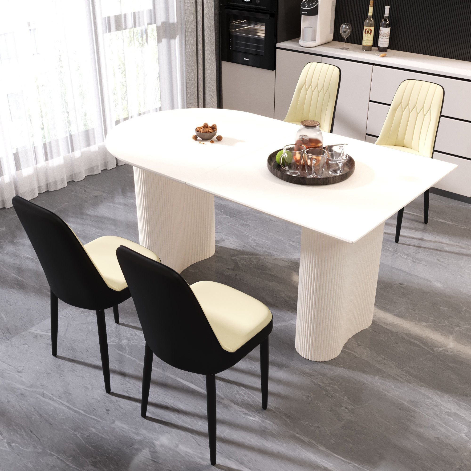 63 "medieval modern cream style MDF dining table and PU dining chair set 4. Assemble Desktop and black metal leg dining chair set, suitable for home&kitchen - Comfortable Living Decor