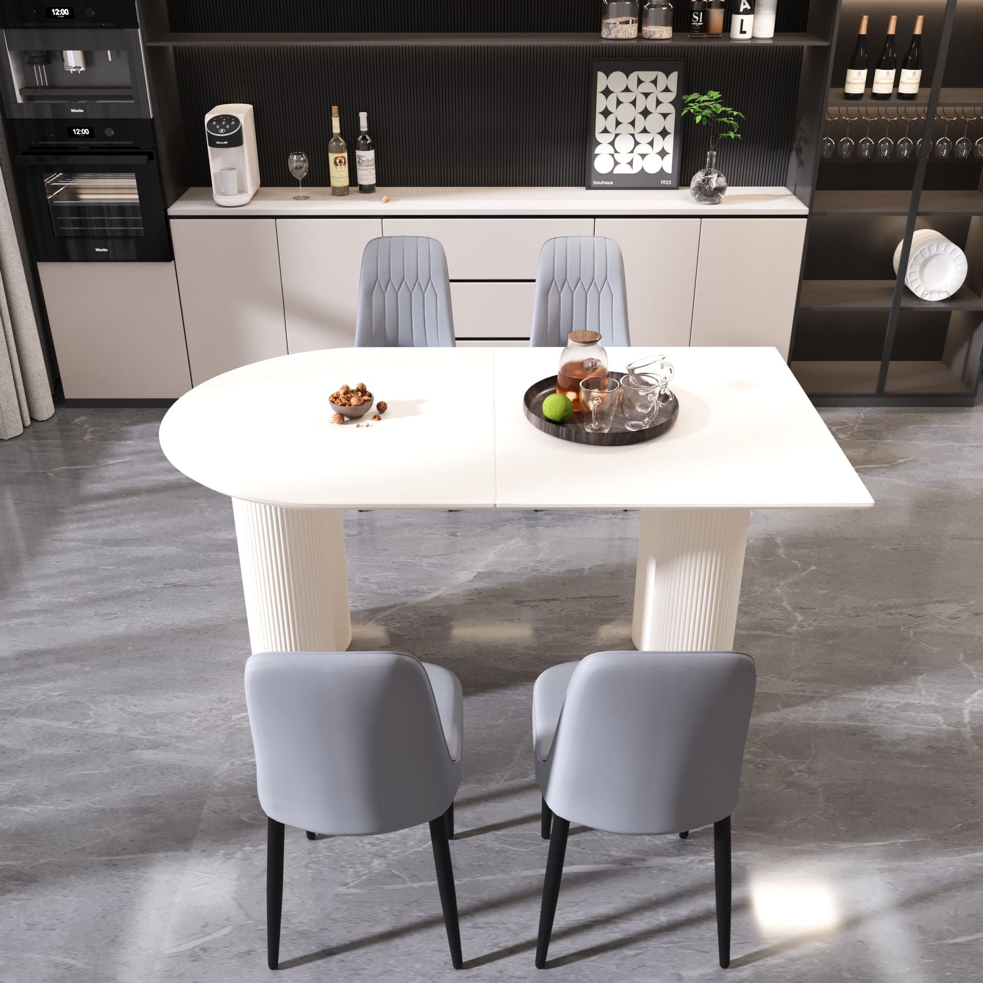63 "medieval modern cream style MDF dining table and PU dining chair set 4. Assemble Desktop and black metal leg dining chair set, suitable for home&kitchen - Comfortable Living Decor