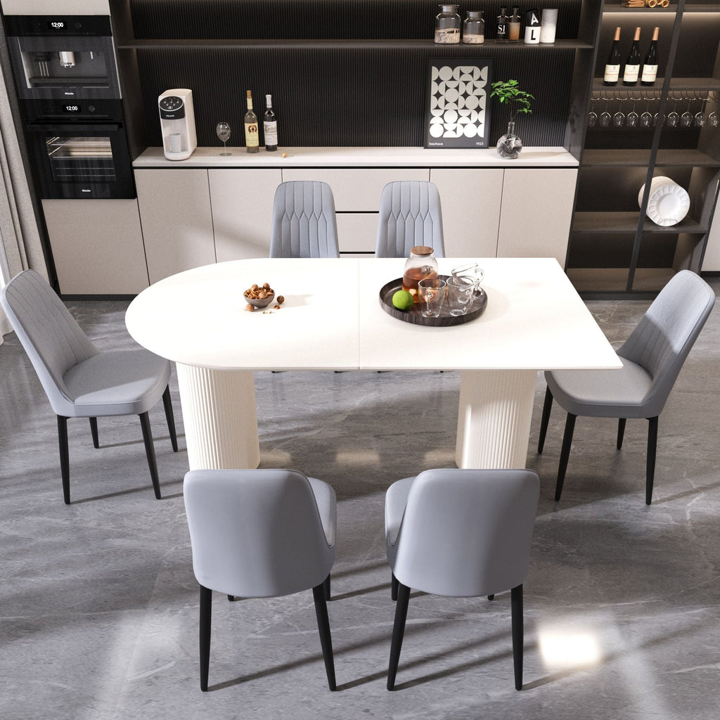 63 "medieval modern cream style MDF dining table and PU dining chair set 4. Assemble Desktop and black metal leg dining chair set, suitable for home&kitchen - Comfortable Living Decor