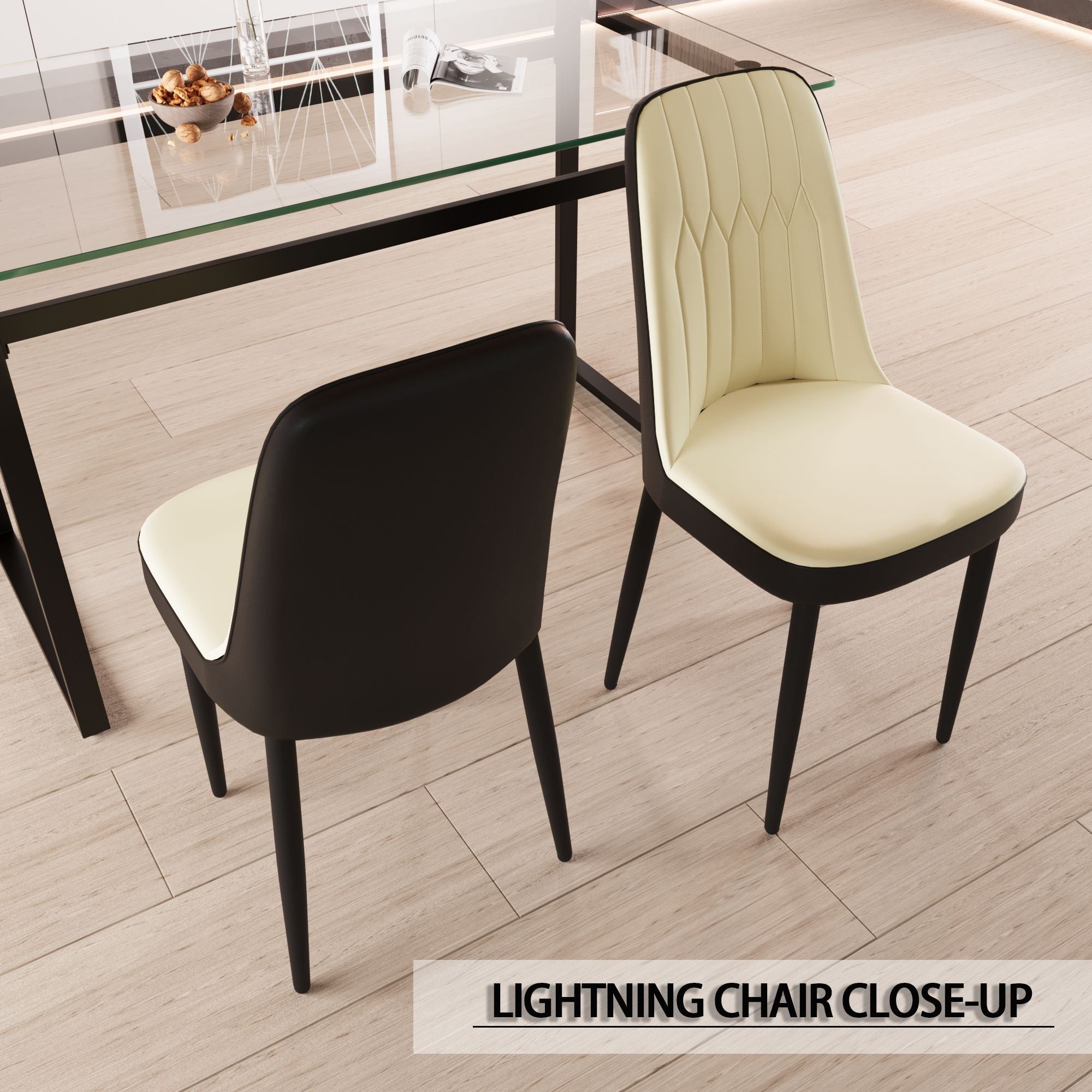 63 "medieval modern cream style MDF dining table and PU dining chair set 4. Assemble Desktop and black metal leg dining chair set, suitable for home&kitchen - Comfortable Living Decor