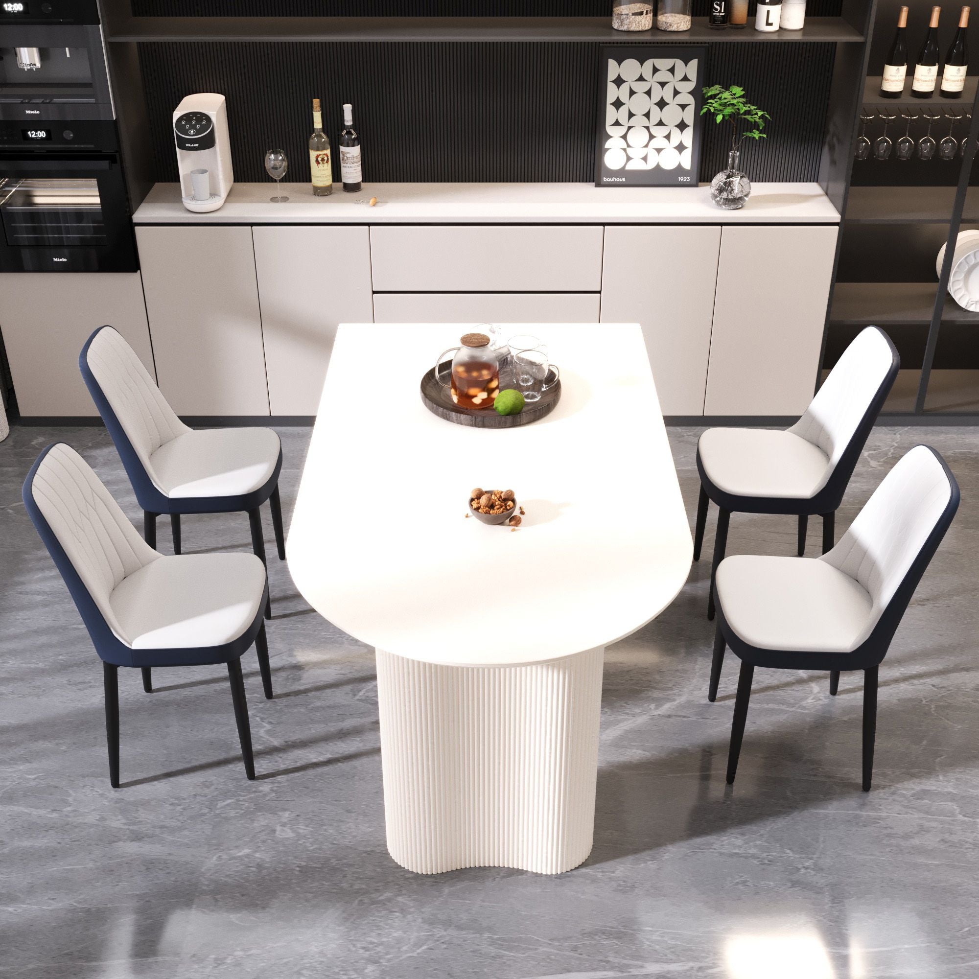 63 "medieval modern cream style MDF dining table and PU dining chair set 4. Assemble Desktop and black metal leg dining chair set, suitable for home&kitchen - Comfortable Living Decor