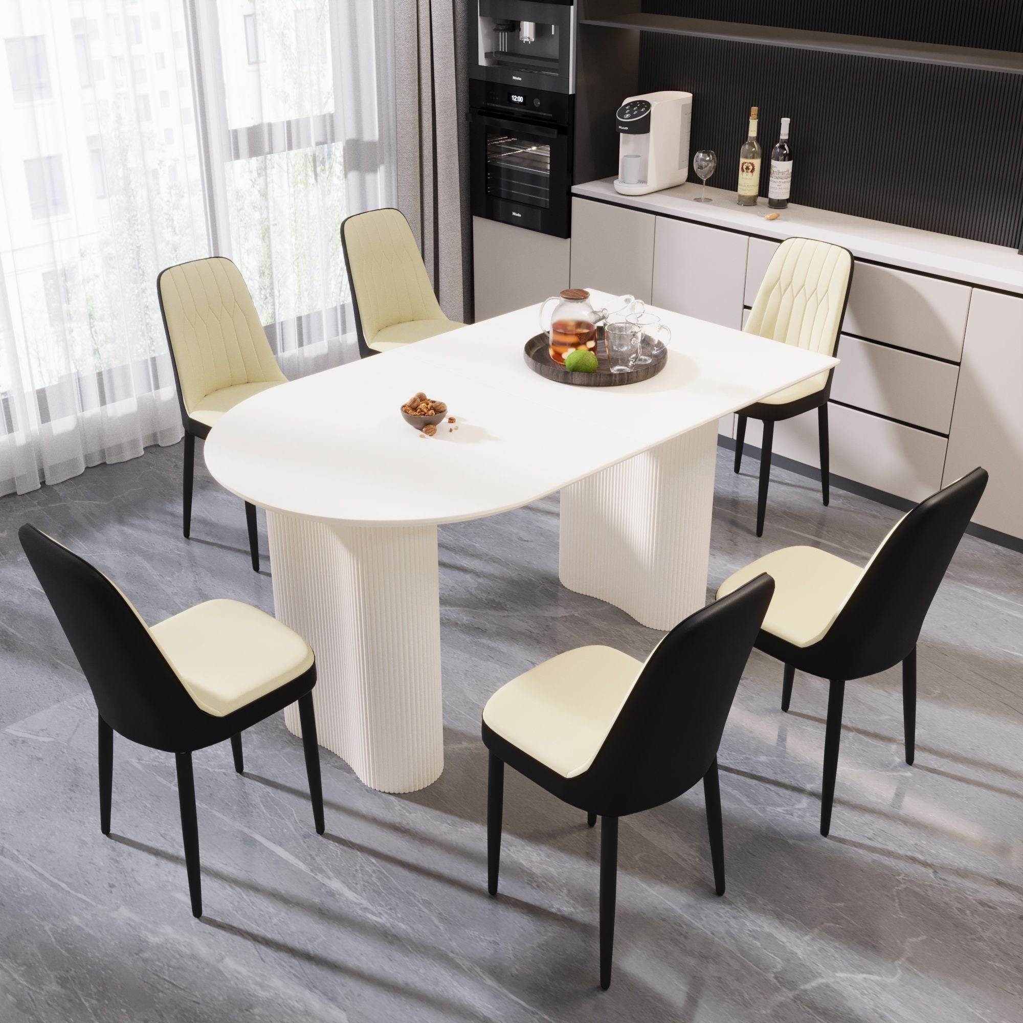 63 "medieval modern cream style MDF dining table and PU dining chair set 4. Assemble Desktop and black metal leg dining chair set, suitable for home&kitchen - Comfortable Living Decor