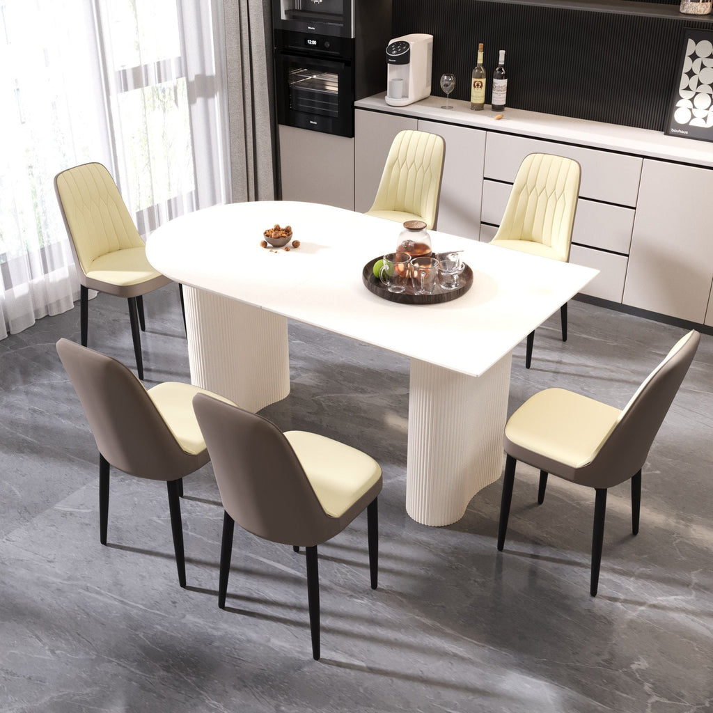 63 "medieval modern cream style MDF dining table and PU dining chair set 4. Assemble Desktop and black metal leg dining chair set, suitable for home&kitchen - Comfortable Living Decor