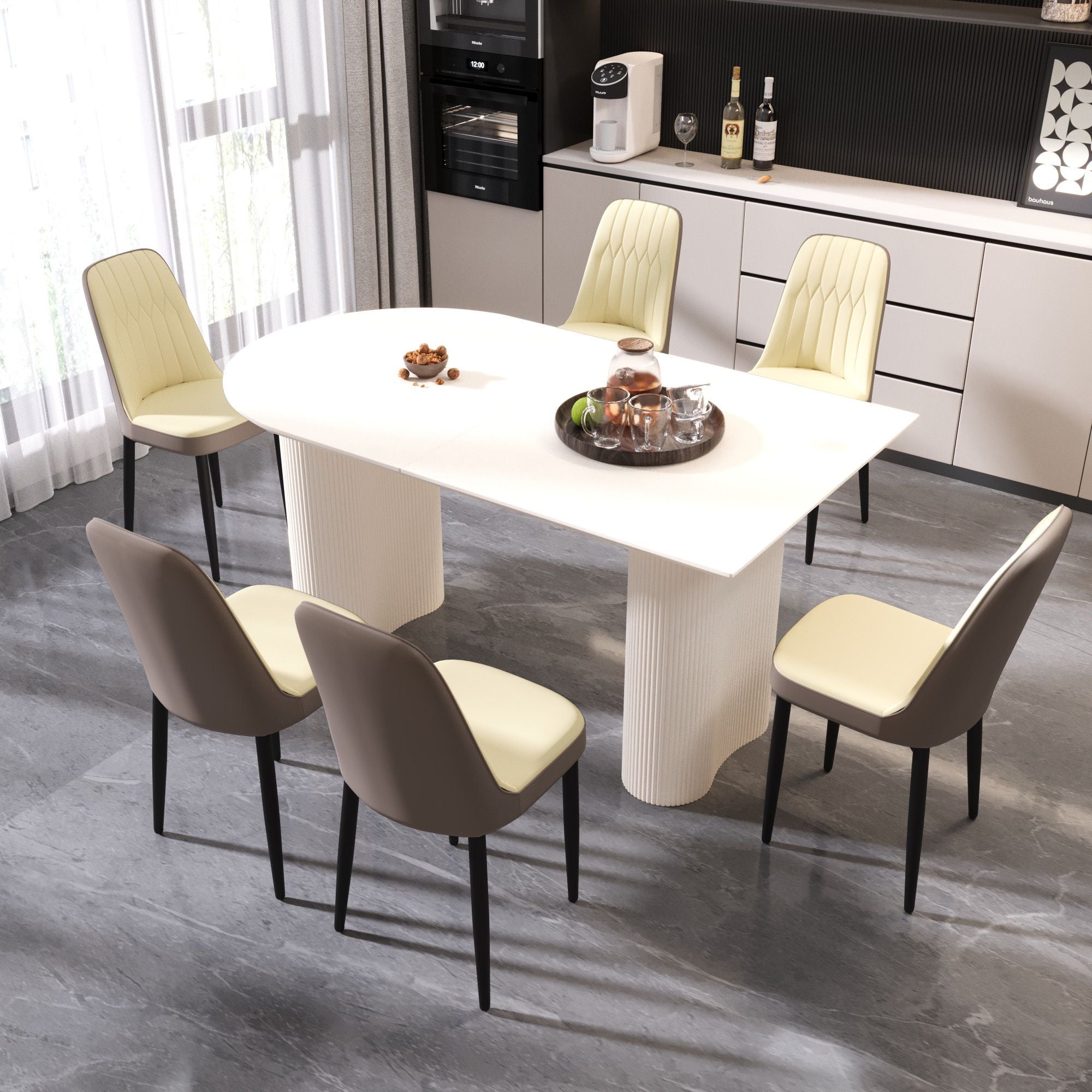 63 "medieval modern cream style MDF dining table and PU dining chair set 4. Assemble Desktop and black metal leg dining chair set, suitable for home&kitchen - Comfortable Living Decor