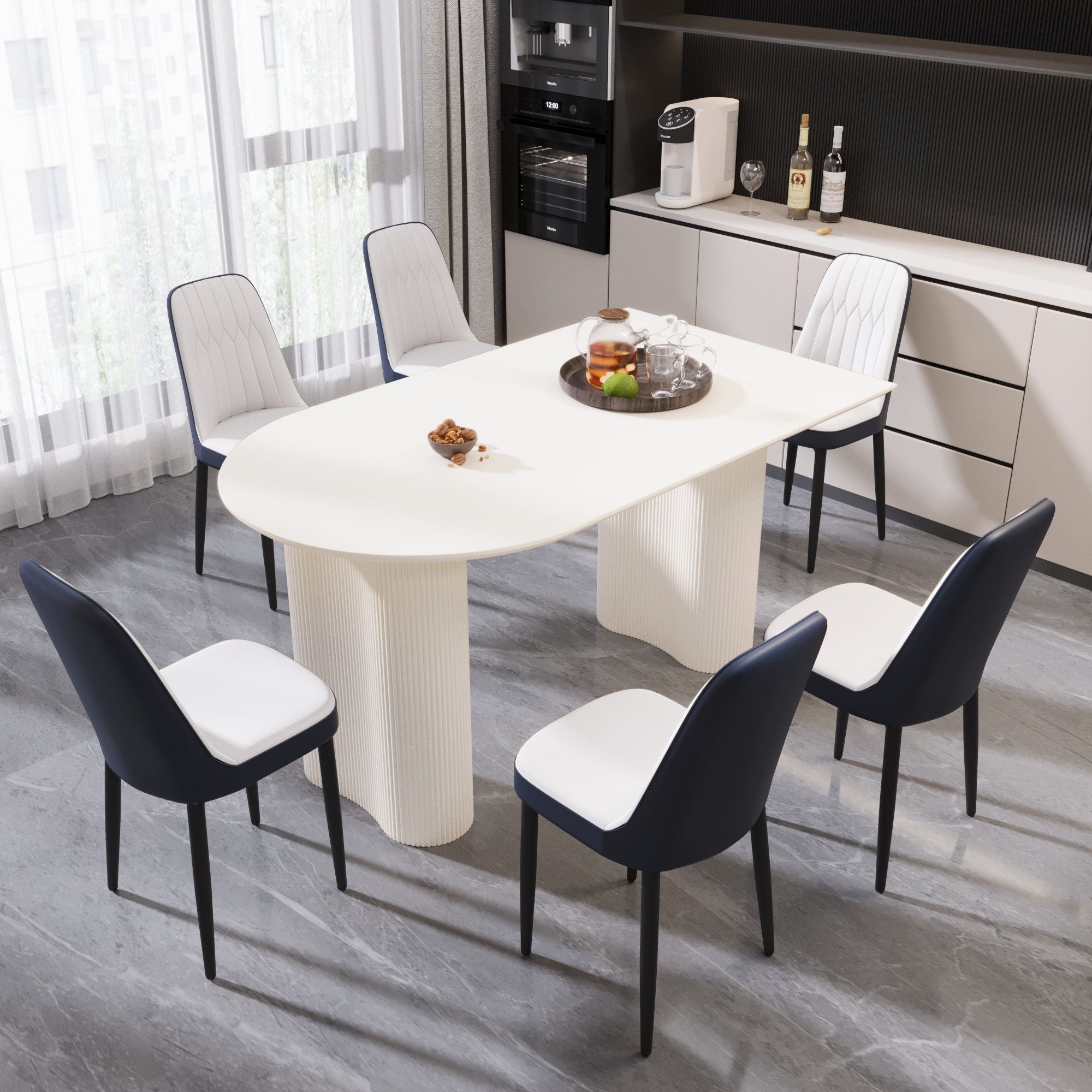63 "medieval modern cream style MDF dining table and PU dining chair set 4. Assemble Desktop and black metal leg dining chair set, suitable for home&kitchen - Comfortable Living Decor