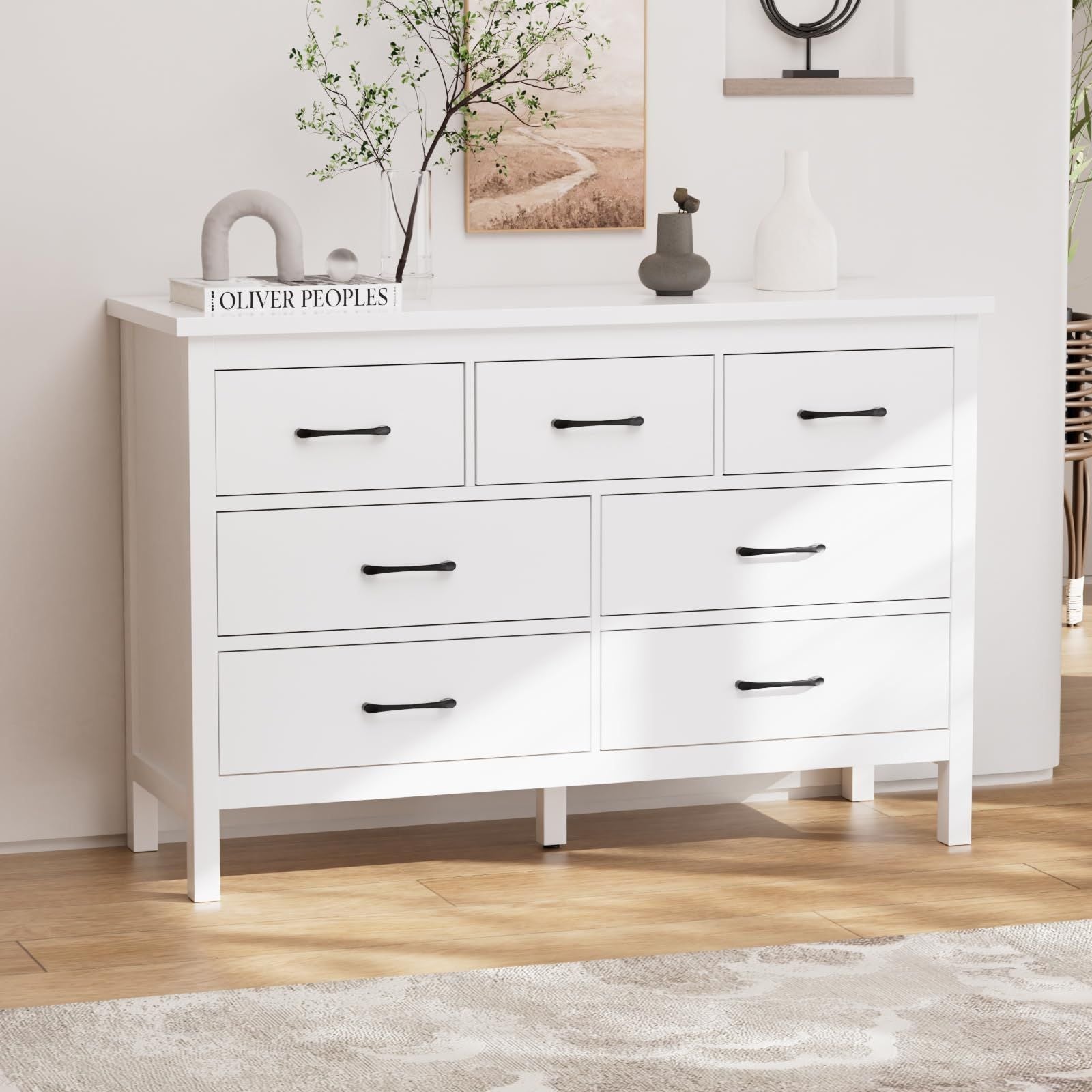 7 Drawer Dresser For Bedroom, Wood Storage Cabinet With Black Handles, Modern Closet Of Drawers for Living Room - Comfortable Living Decor